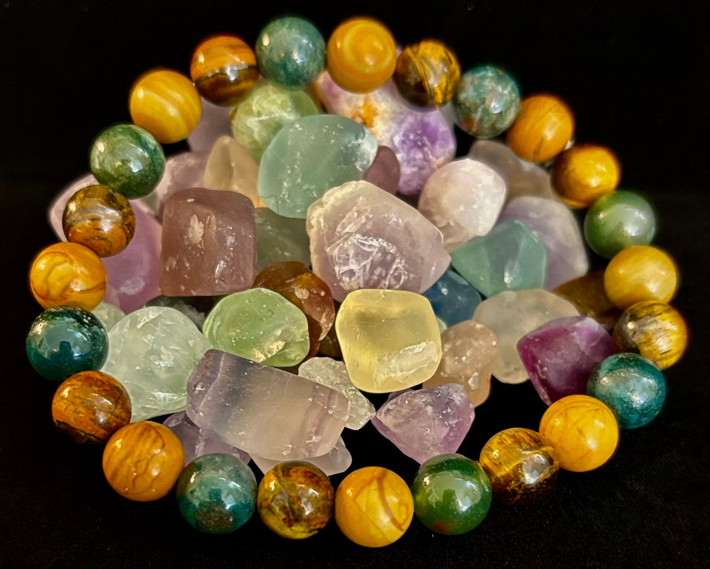 Pulsera de Ágata Musgosa, Ojo de Tigre Amarillo y Jaspe de Madera – Cuentas de 8mm para Muñecas Grandes