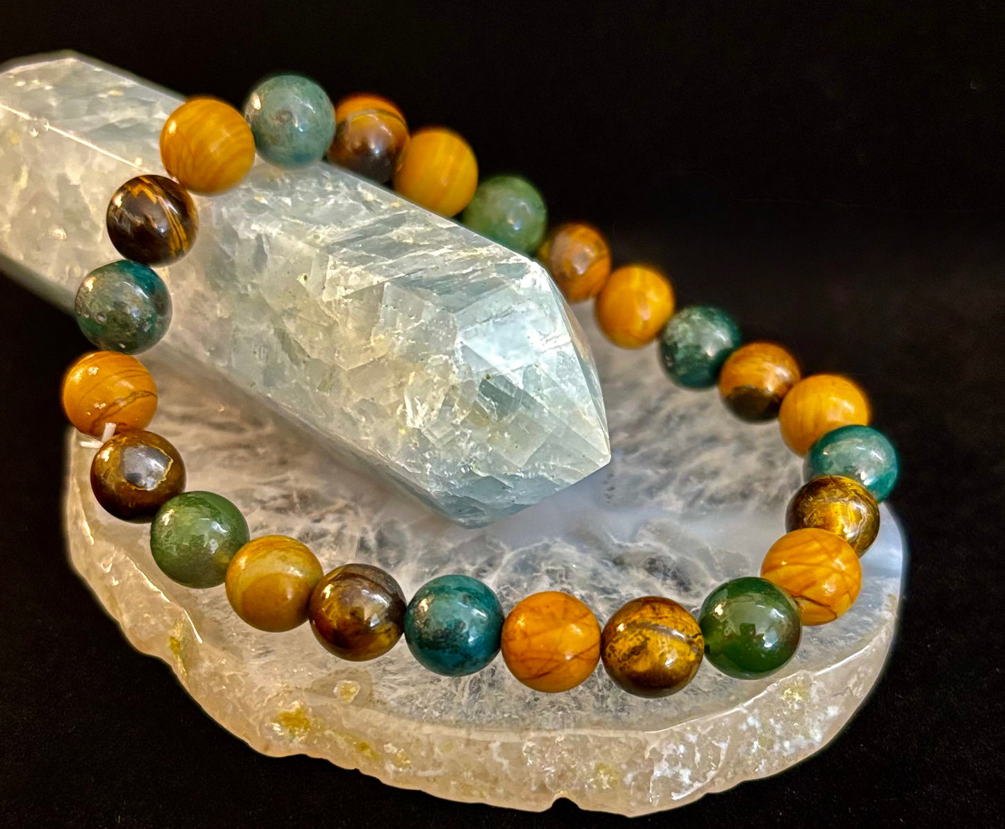 Pulsera de Ágata Musgosa, Ojo de Tigre Amarillo y Jaspe de Madera – Cuentas de 8mm para Muñecas Grandes