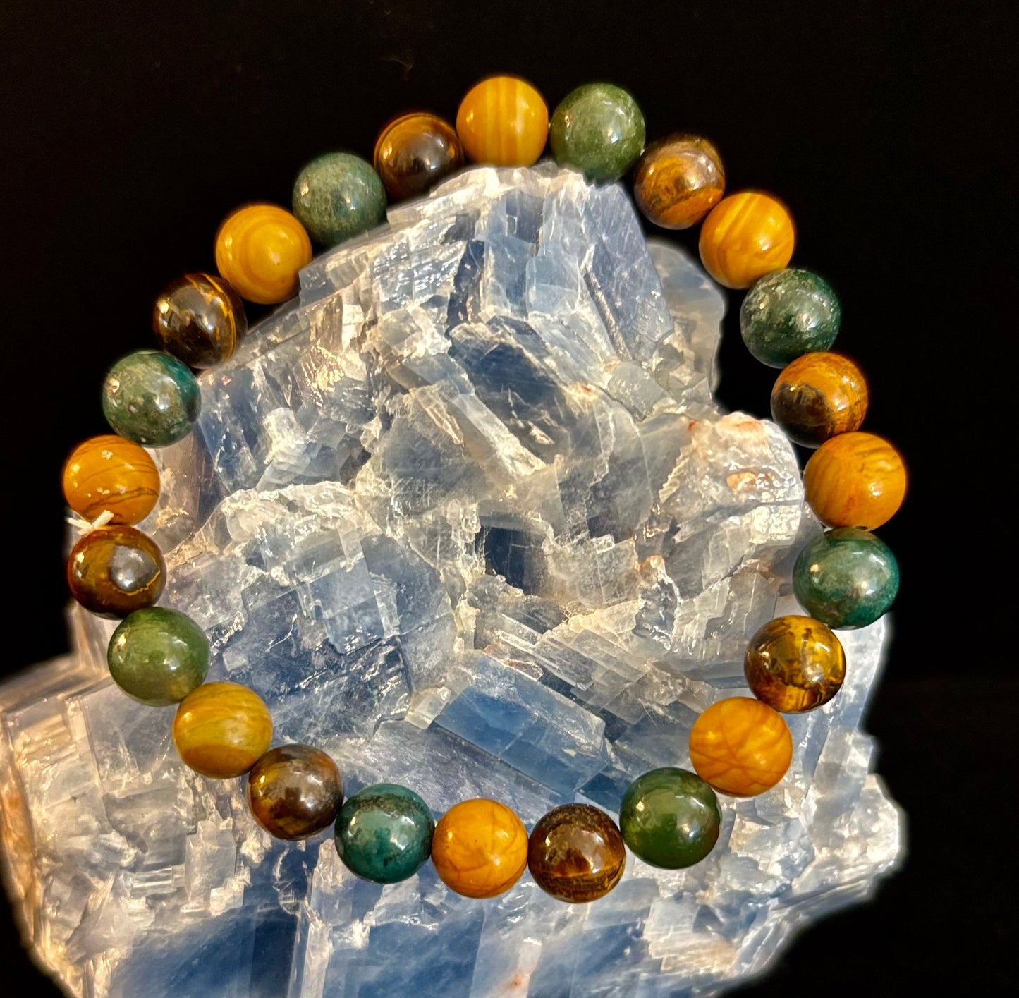 Pulsera de Ágata Musgosa, Ojo de Tigre Amarillo y Jaspe de Madera – Cuentas de 8mm para Muñecas Grandes