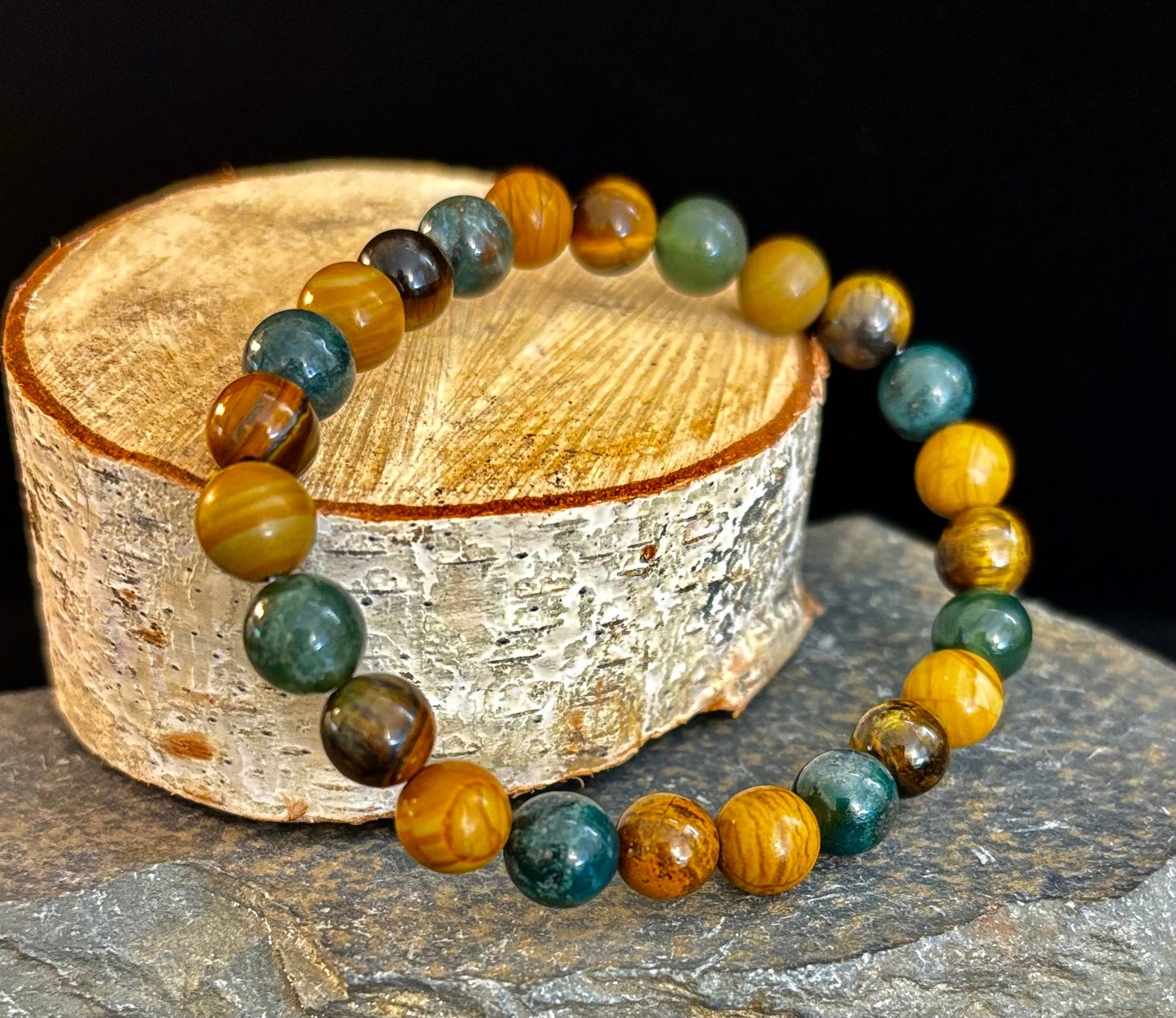 Pulsera de Ágata Musgosa, Ojo de Tigre Amarillo y Jaspe de Madera – Cuentas de 8mm para Muñecas Grandes