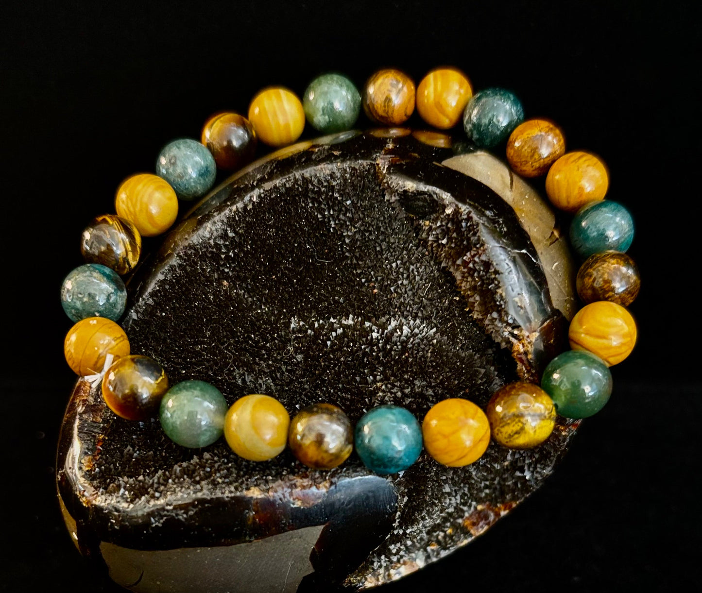 Pulsera de Ágata Musgosa, Ojo de Tigre Amarillo y Jaspe de Madera – Cuentas de 8mm para Muñecas Grandes