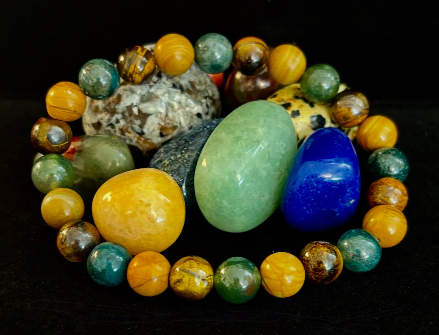 Pulsera de Ágata Musgosa, Ojo de Tigre Amarillo y Jaspe de Madera – Cuentas de 8mm para Muñecas Grandes