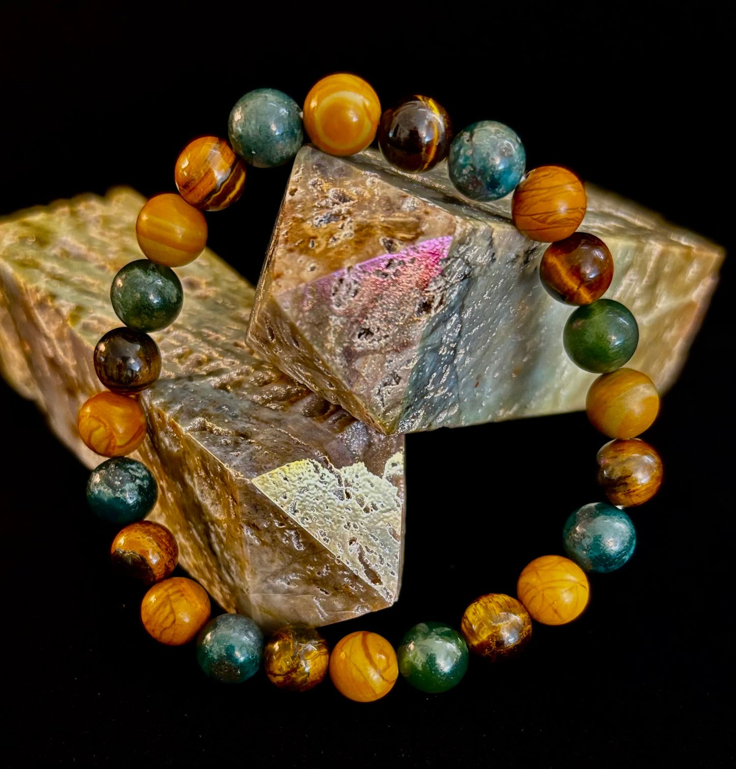 Pulsera de Ágata Musgosa, Ojo de Tigre Amarillo y Jaspe de Madera – Cuentas de 8mm para Muñecas Grandes