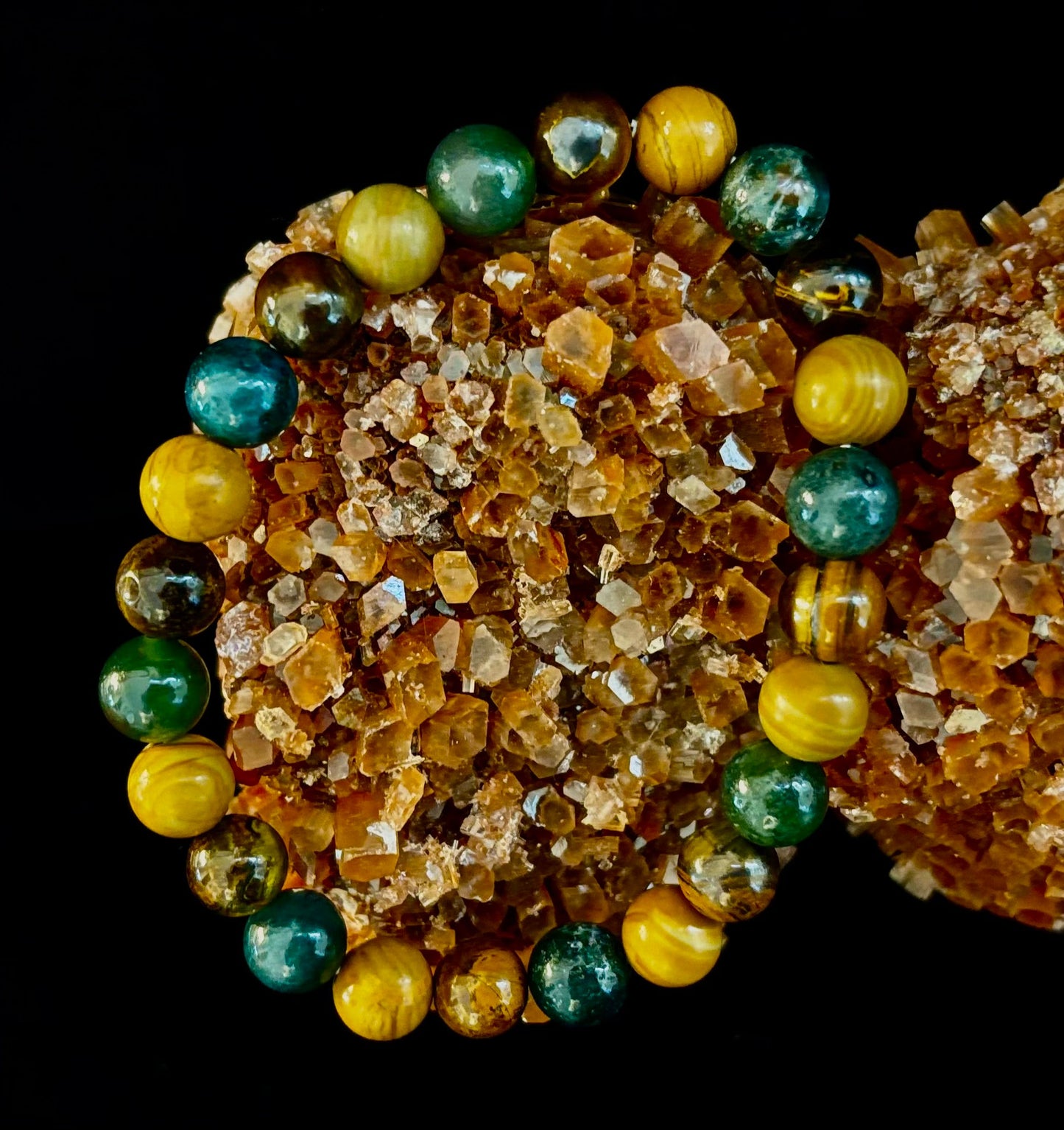Pulsera de Ágata Musgosa, Ojo de Tigre Amarillo y Jaspe de Madera – Cuentas de 8mm para Muñecas Grandes