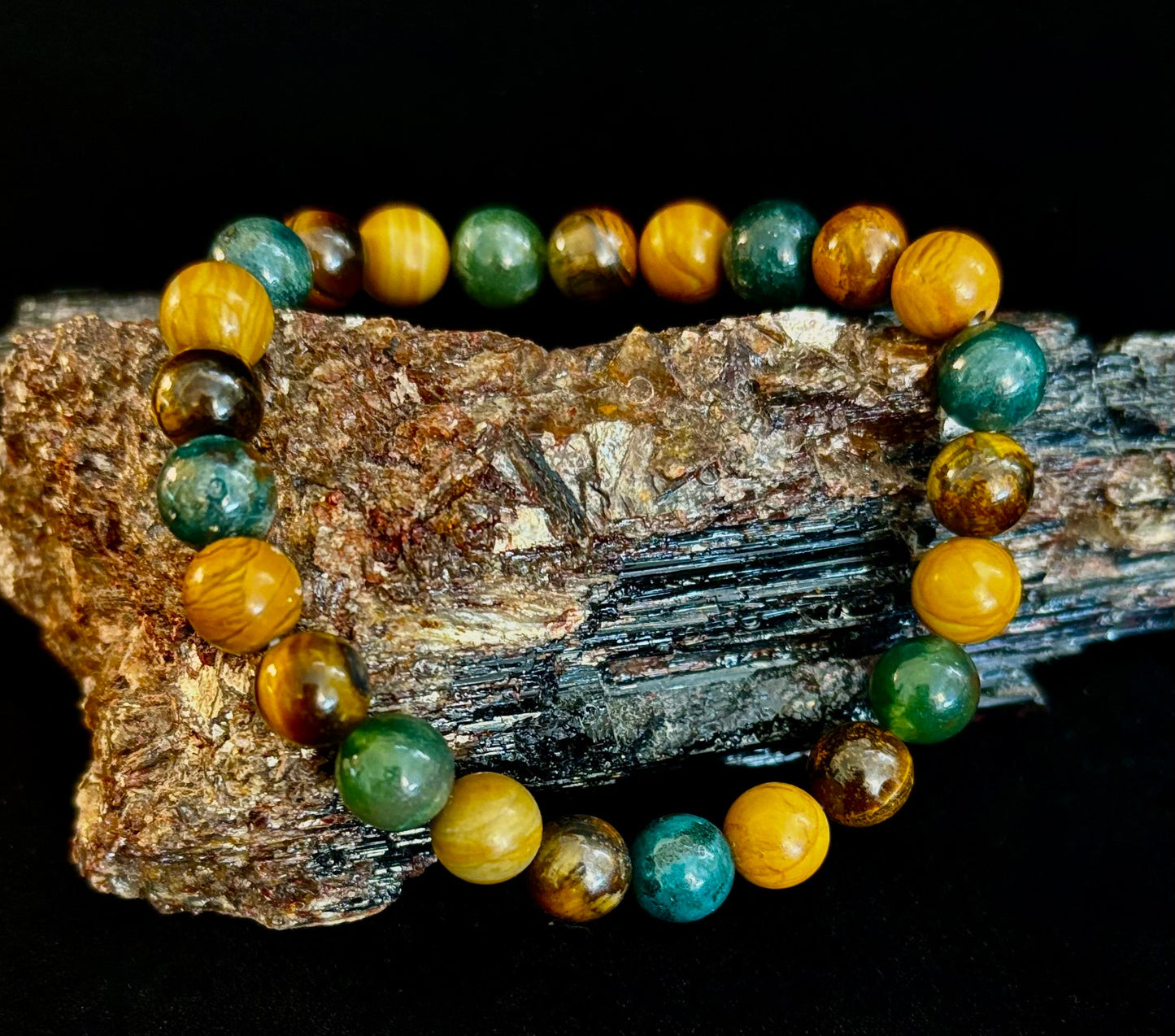 Pulsera de Ágata Musgosa, Ojo de Tigre Amarillo y Jaspe de Madera – Cuentas de 8mm para Muñecas Grandes
