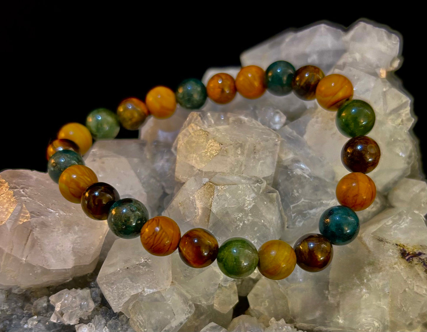 Pulsera de Ágata Musgosa, Ojo de Tigre Amarillo y Jaspe de Madera – Cuentas de 8mm para Muñecas Grandes