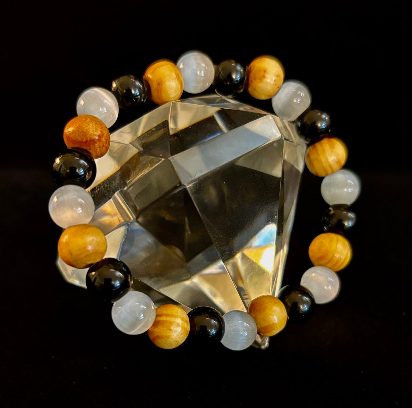 Pulsera de Selenita, Turmalina Negra y Palo Santo – Protección y Limpieza para Muñecas Pequeñas