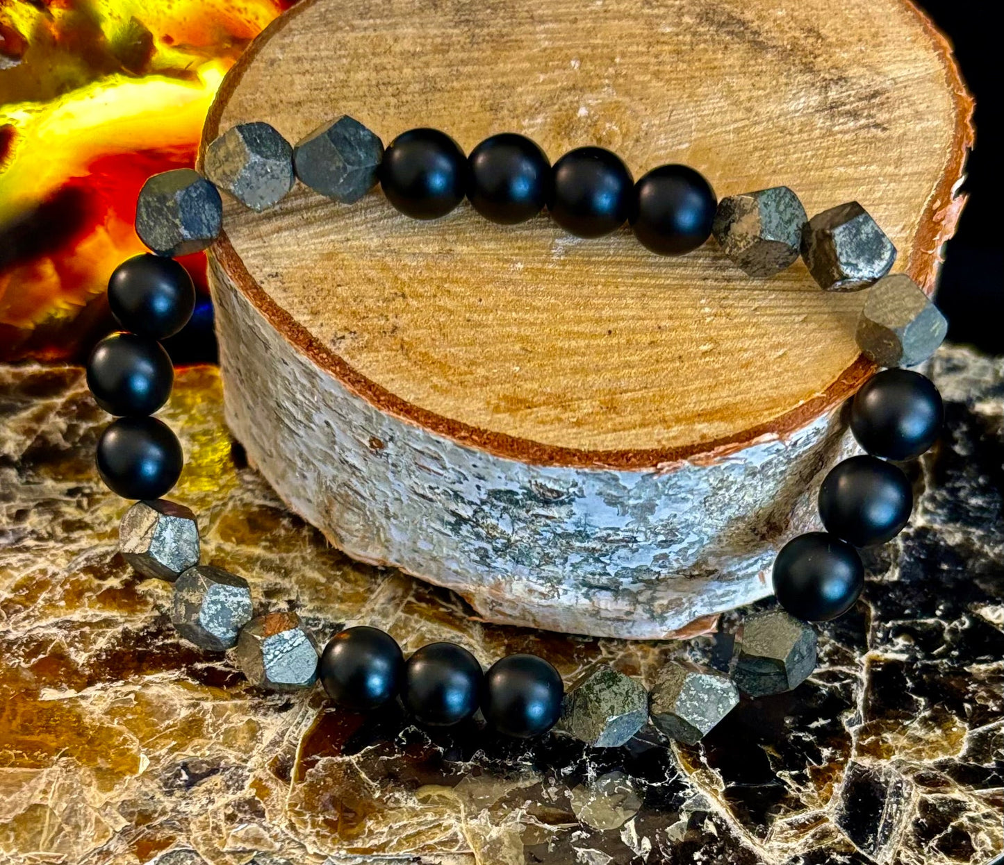 Pulsera de pirita de hierro amarilla con corte de rombo – Fuerza y Confianza - Muñecas medianas a grandes