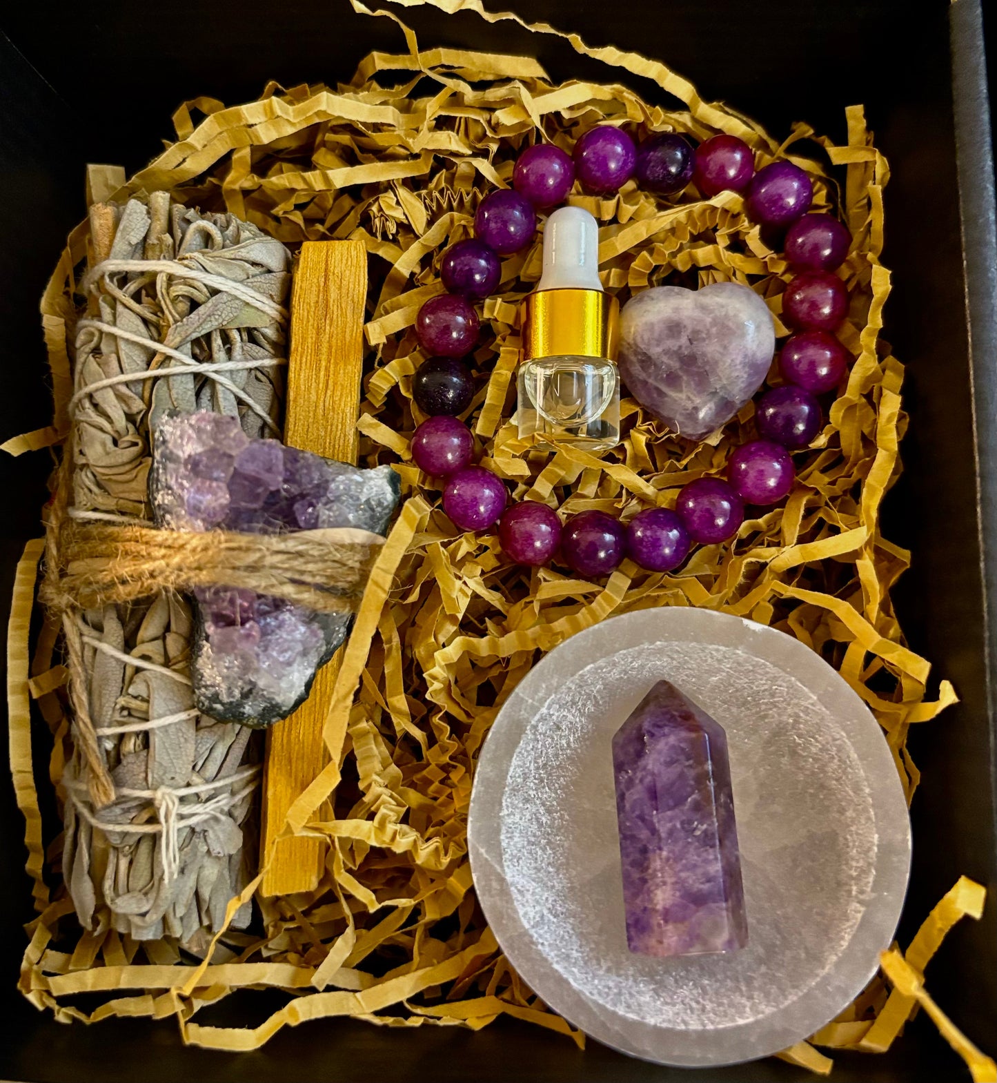 Caja de regalo de amatista para tranquilidad y curación – Set de equilibrio espiritual y protección