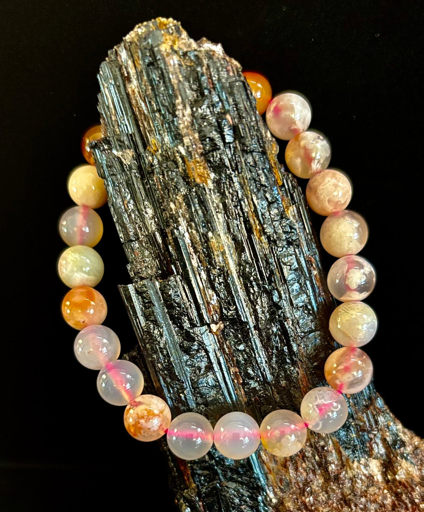 Pulsera de Ágata Flor Rosa (Ágata Cereza) – Cuentas de 8mm, Muñecas Pequeñas a Medianas