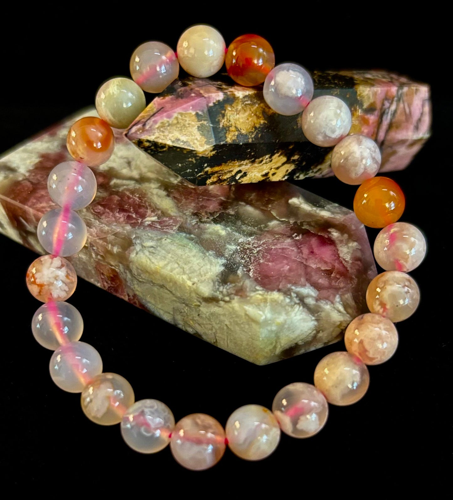 Pulsera de Ágata Flor Rosa (Ágata Cereza) – Cuentas de 8mm, Muñecas Pequeñas a Medianas