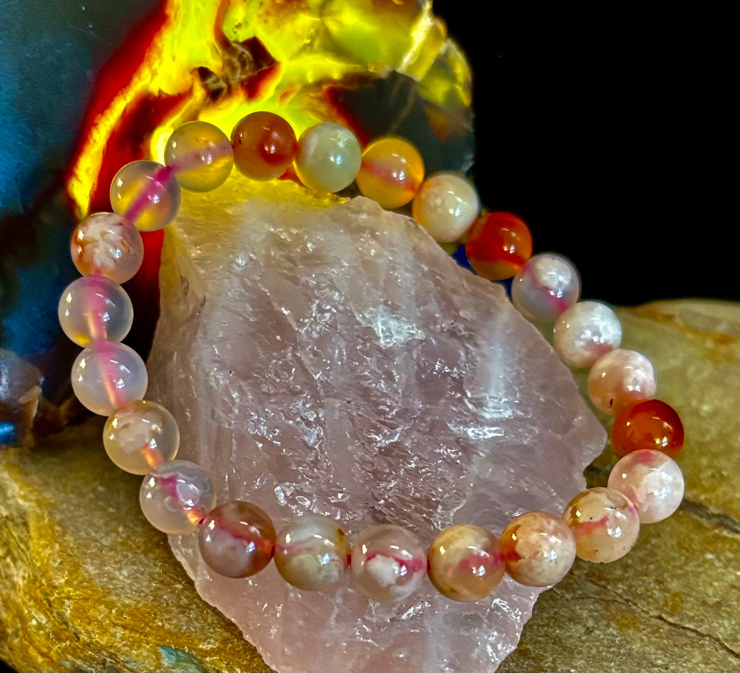 Pulsera de Ágata Flor Rosa (Ágata Cereza) – Cuentas de 8mm, Muñecas Pequeñas a Medianas