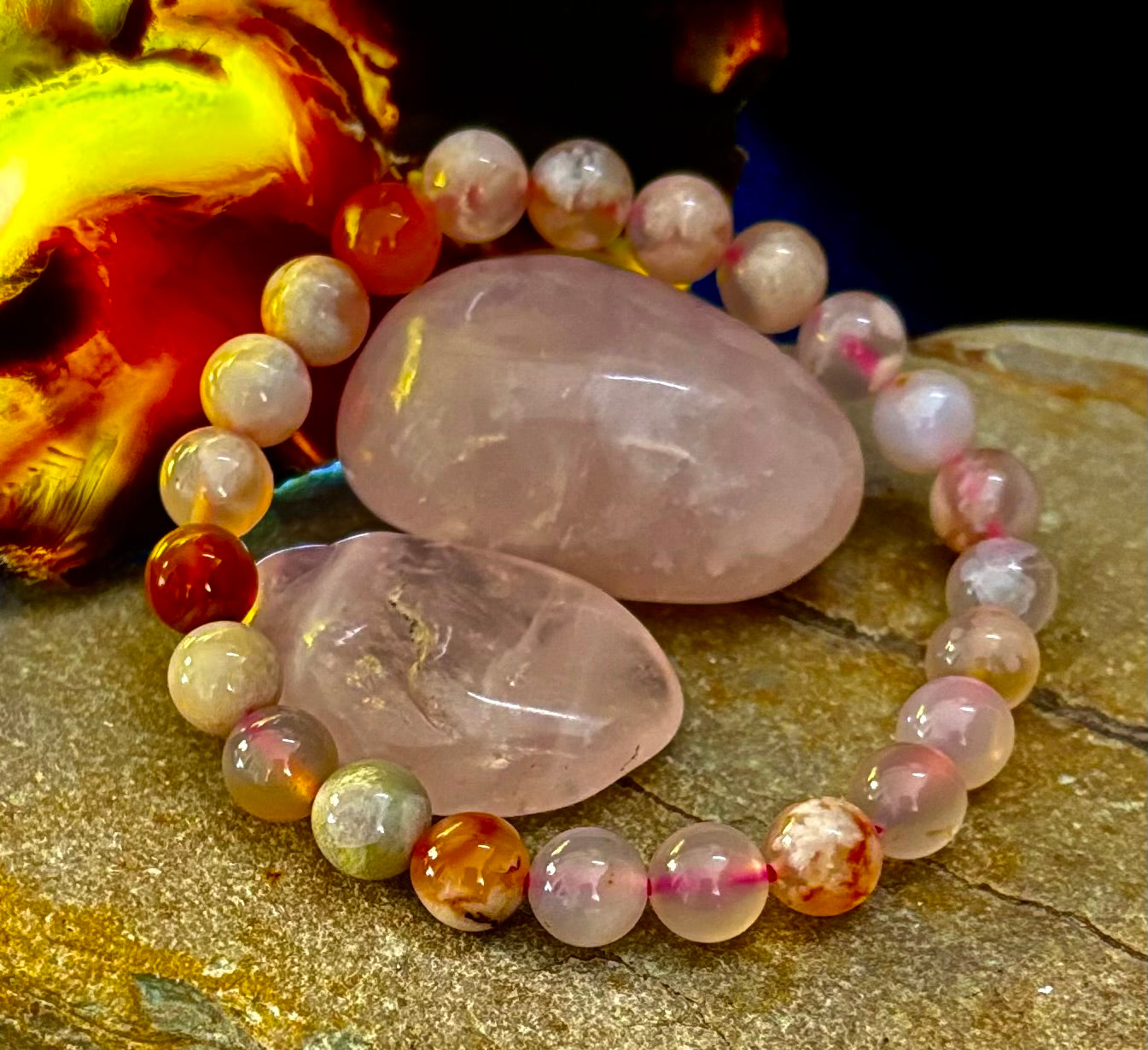 Pulsera de Ágata Flor Rosa (Ágata Cereza) – Cuentas de 8mm, Muñecas Pequeñas a Medianas