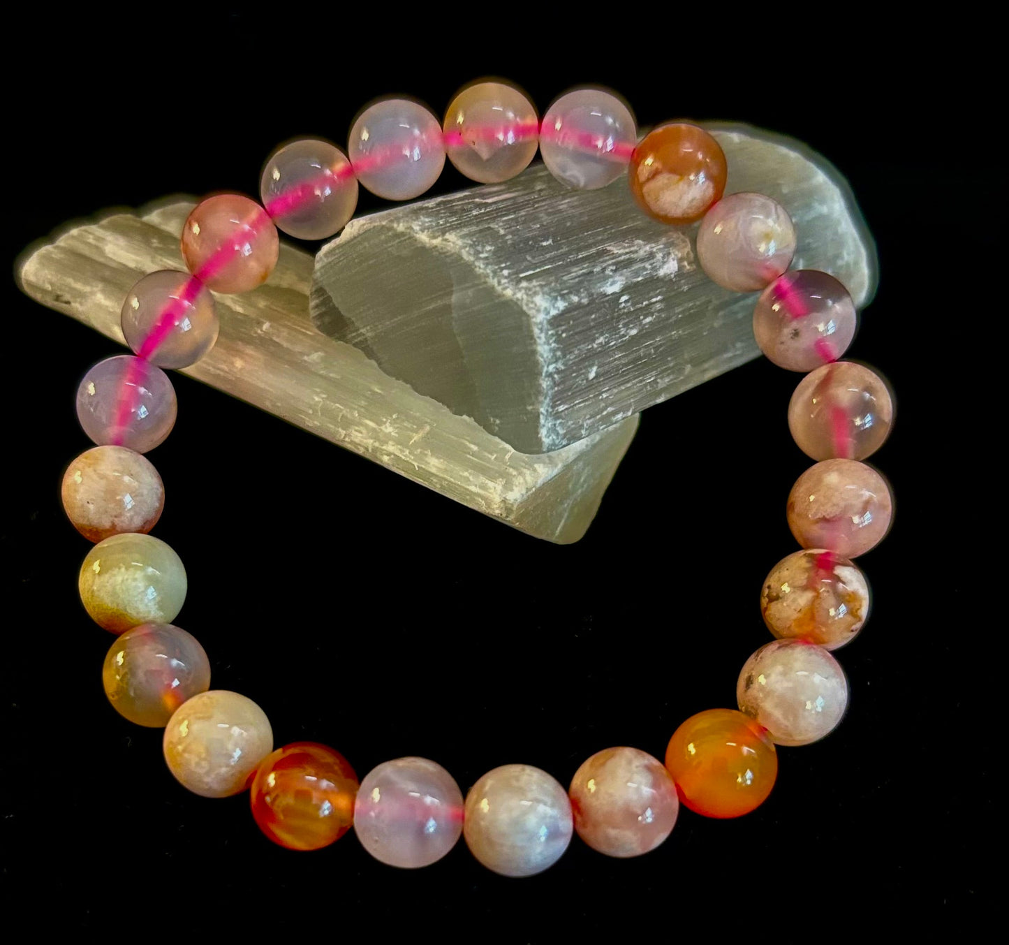 Pulsera de Ágata Flor Rosa (Ágata Cereza) – Cuentas de 8mm, Muñecas Pequeñas a Medianas