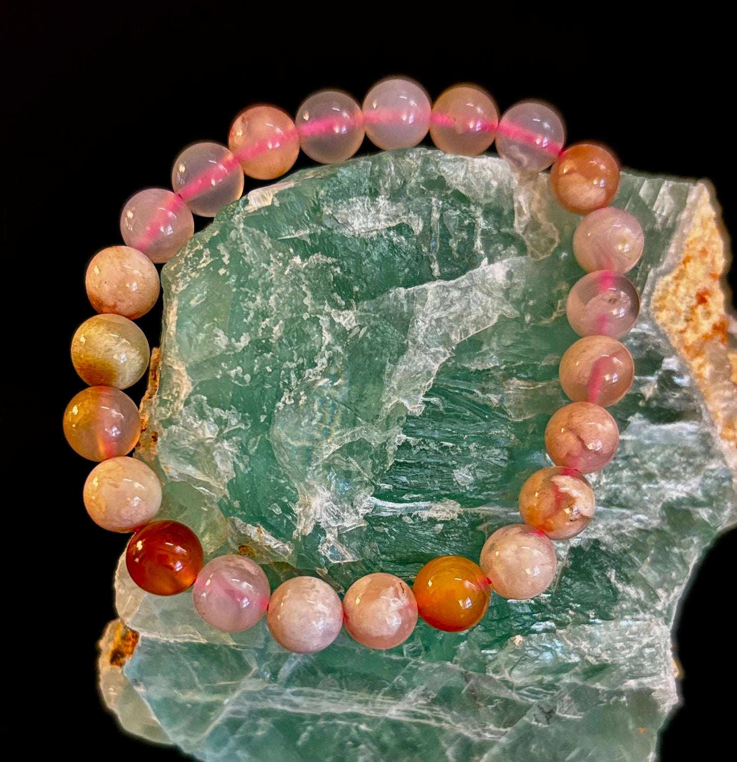 Pulsera de Ágata Flor Rosa (Ágata Cereza) – Cuentas de 8mm, Muñecas Pequeñas a Medianas
