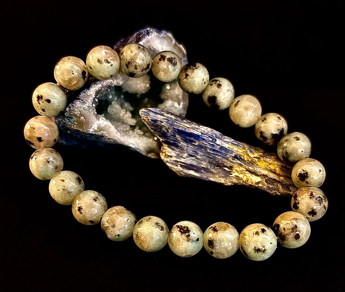 Pulsera de jaspe sésamo y kiwi – Cuentas de 8 mm, para muñecas medianas
