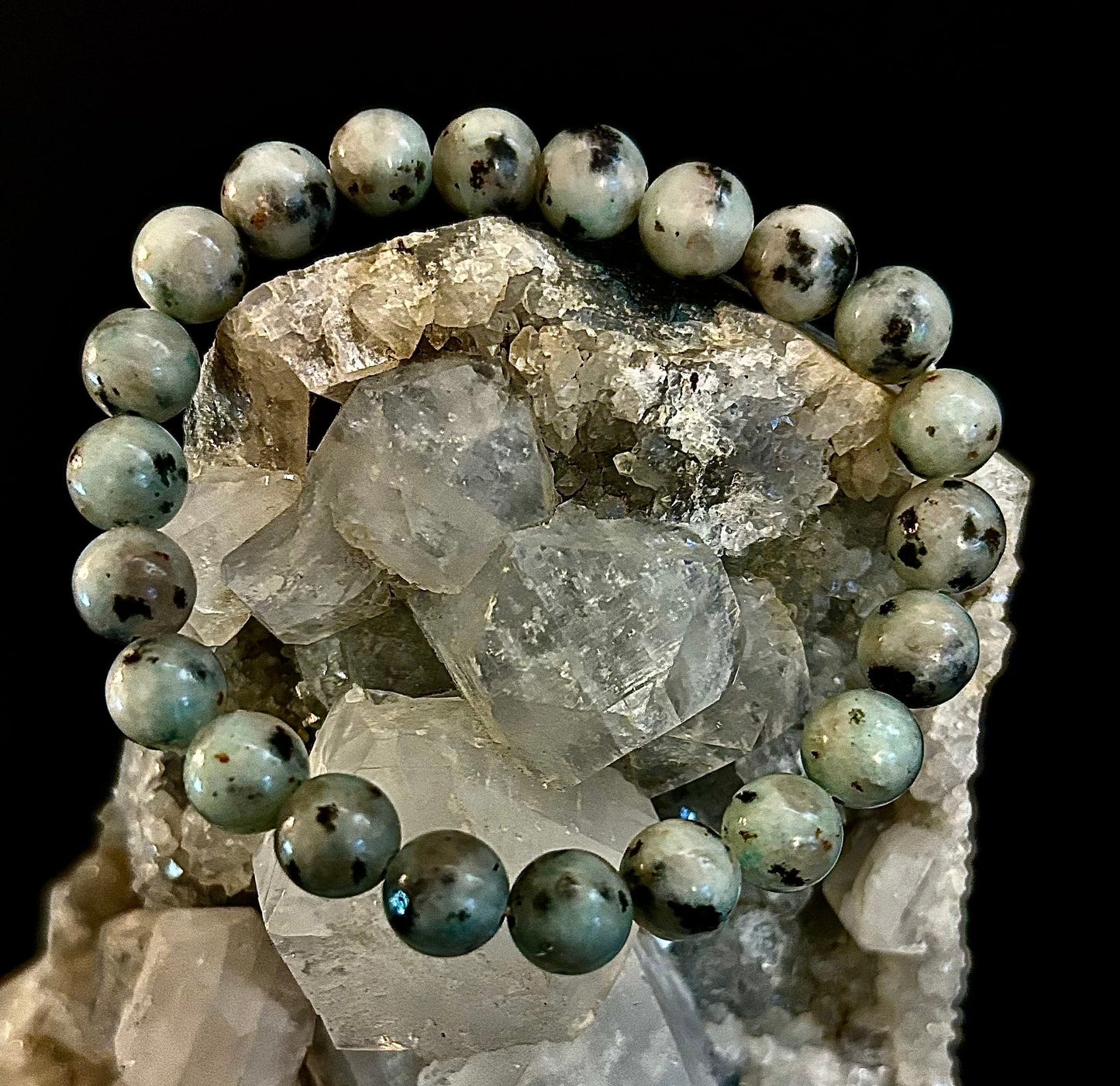 Pulsera de jaspe sésamo y kiwi – Cuentas de 8 mm, para muñecas medianas