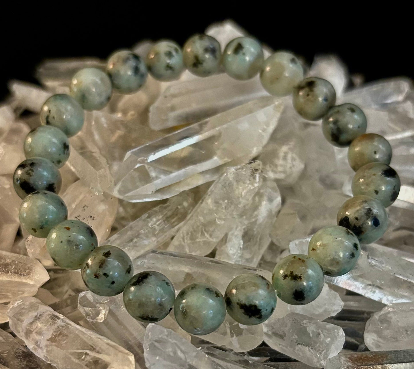 Pulsera de jaspe sésamo y kiwi – Cuentas de 8 mm, para muñecas medianas