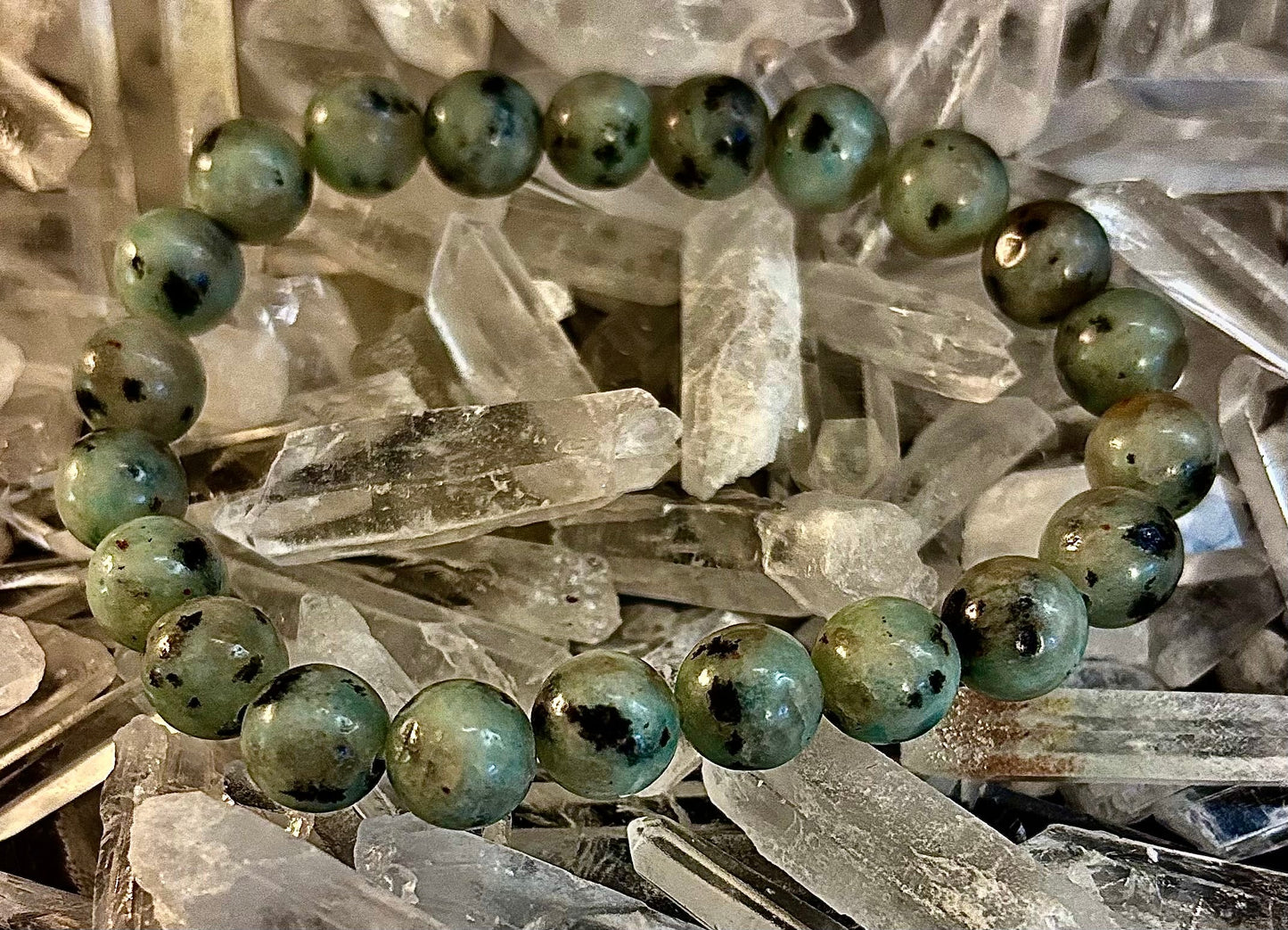 Pulsera de jaspe sésamo y kiwi – Cuentas de 8 mm, para muñecas medianas