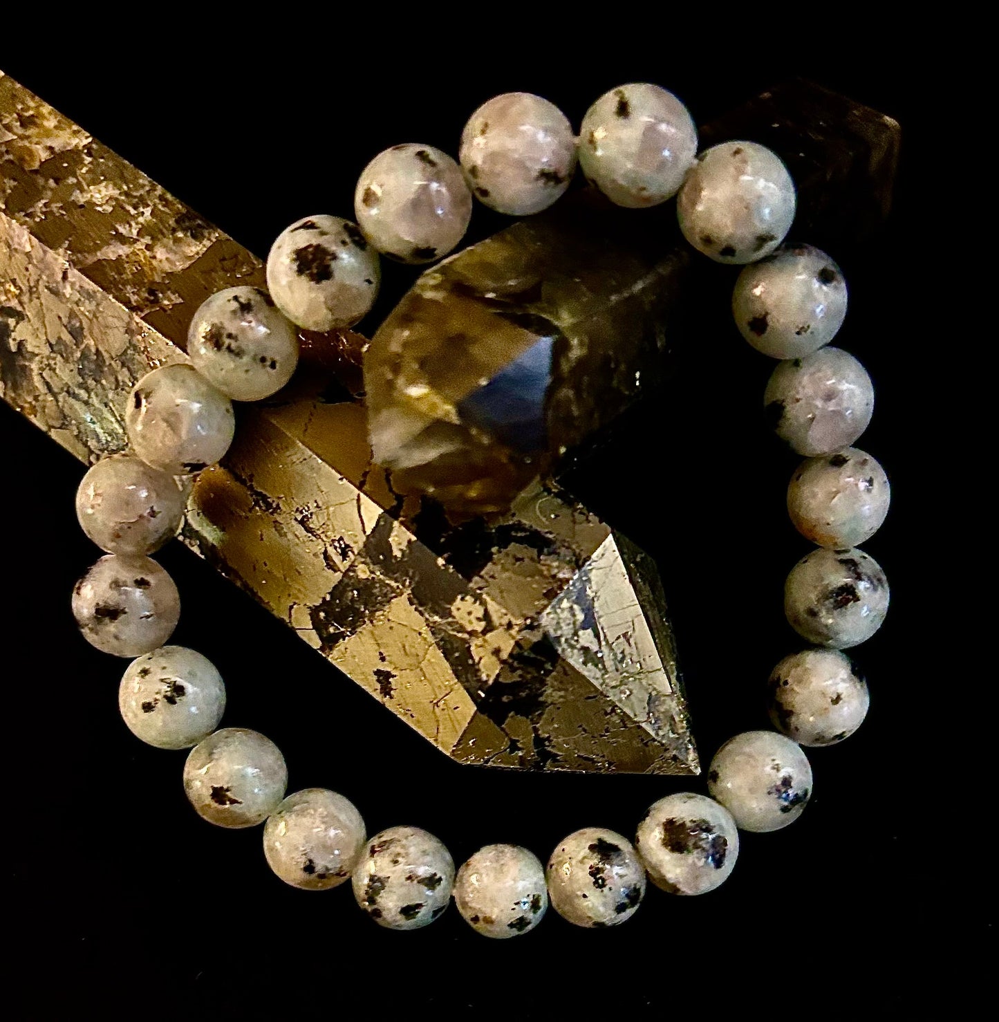 Pulsera de jaspe sésamo y kiwi – Cuentas de 8 mm, para muñecas medianas