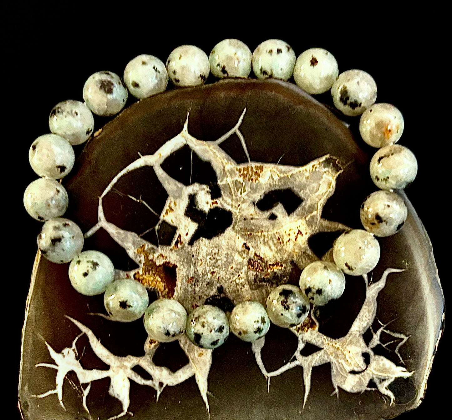 Pulsera de jaspe sésamo y kiwi – Cuentas de 8 mm, para muñecas medianas
