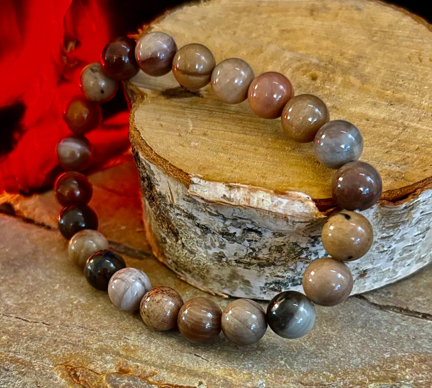 Pulsera de madera petrificada – Cuentas de 8 mm, muñecas medianas