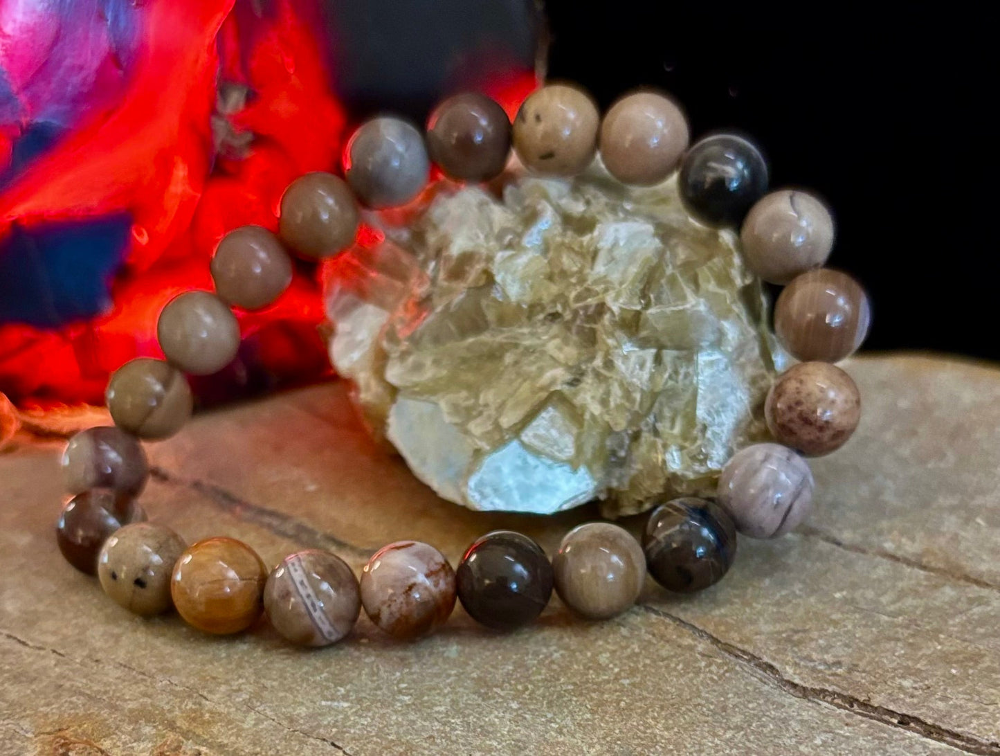Pulsera de madera petrificada – Cuentas de 8 mm, muñecas medianas