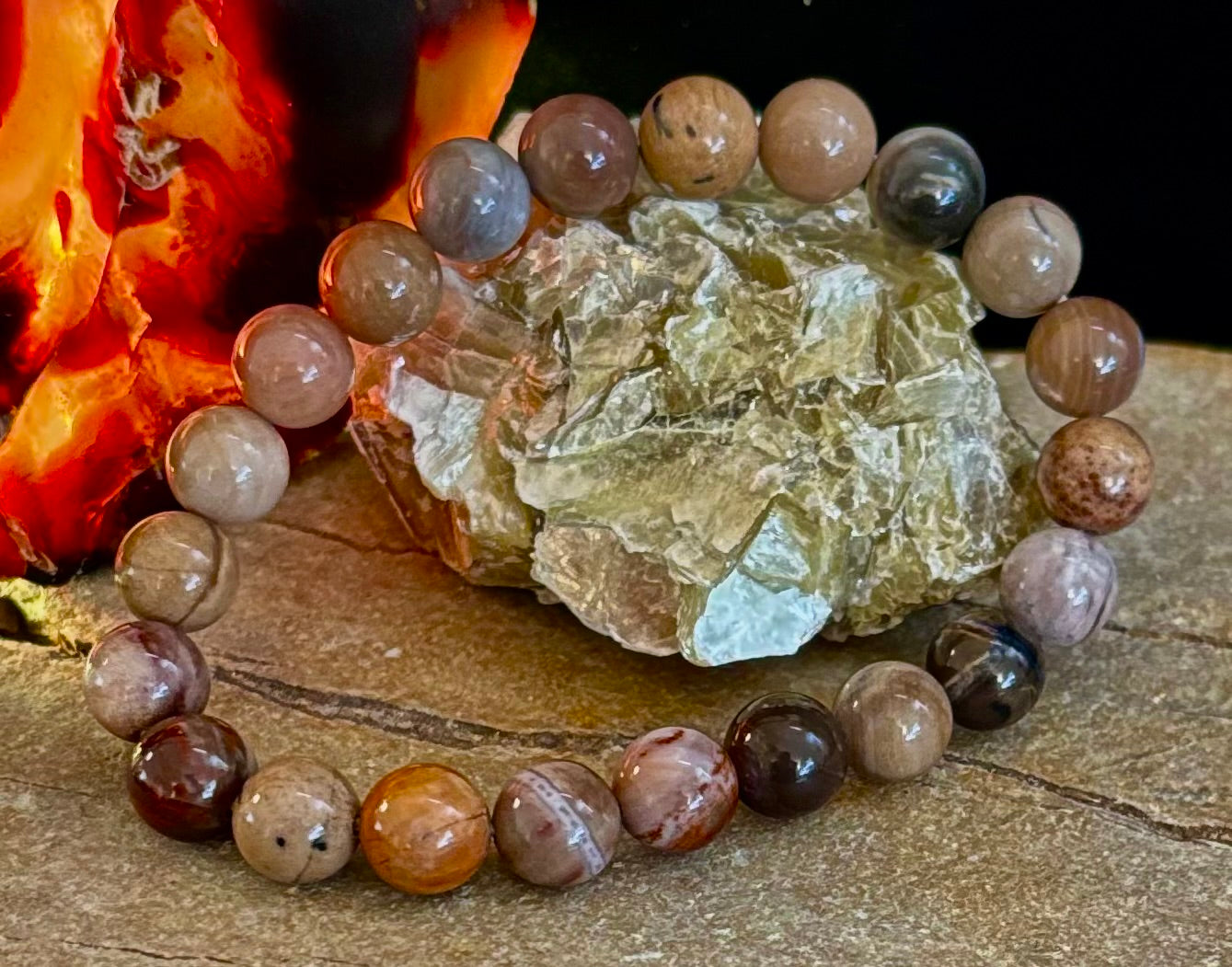 Pulsera de madera petrificada – Cuentas de 8 mm, muñecas medianas