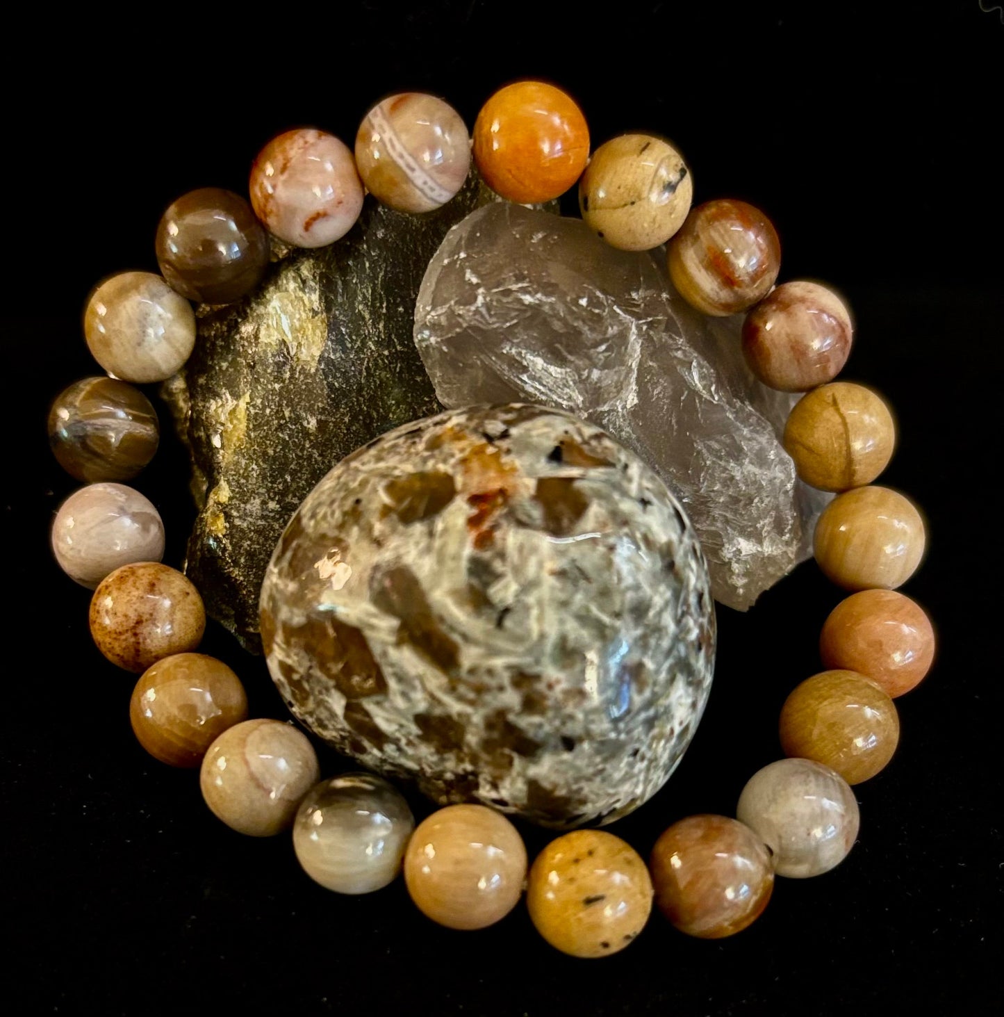 Pulsera de madera petrificada – Cuentas de 8 mm, muñecas medianas