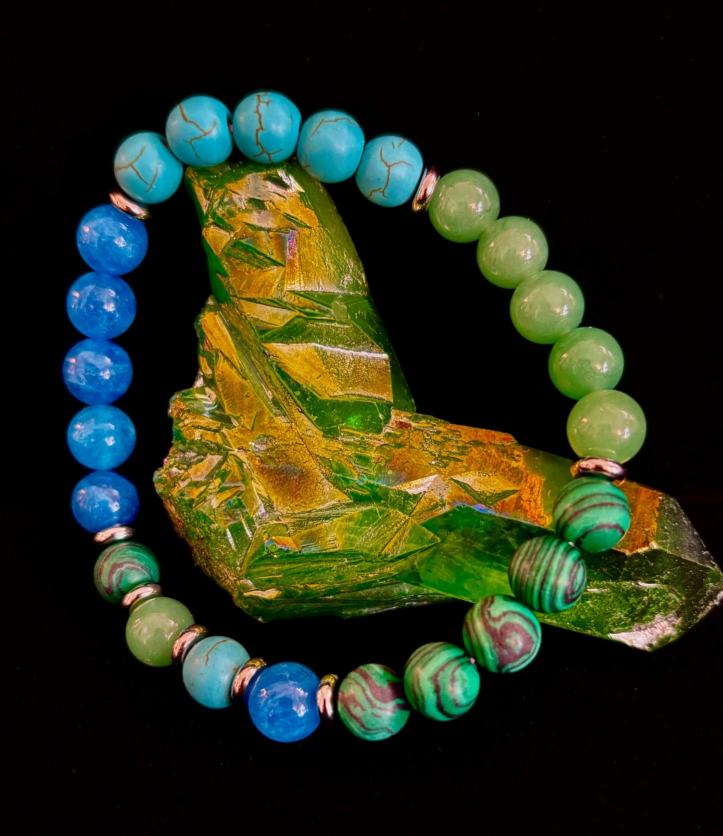 Pulsera Curativa para Aliviar la Ansiedad – Se adapta a muñecas grandes (Malaquita, Aventurina Verde, Turquesa y Aguamarina)