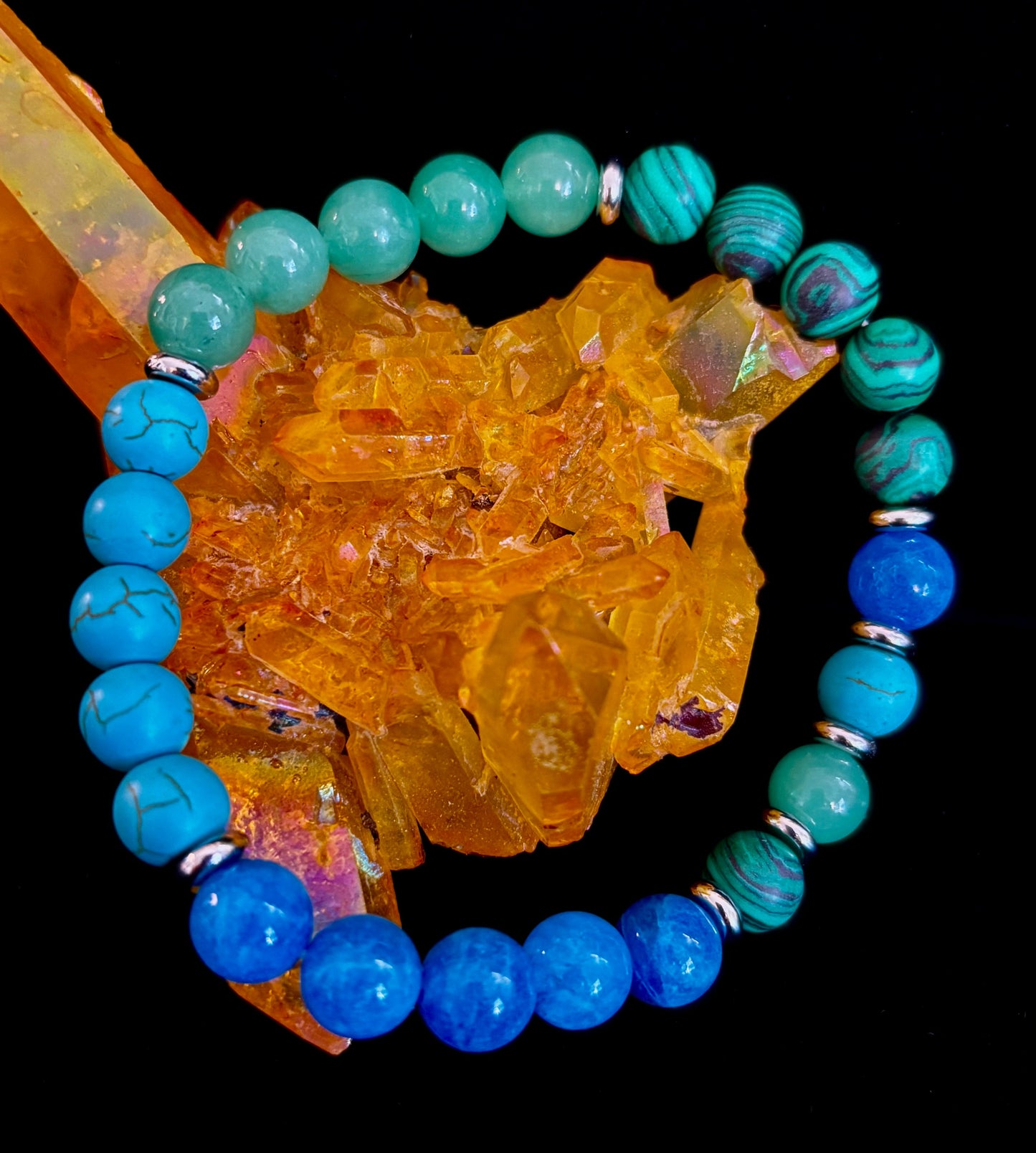 Pulsera Curativa para Aliviar la Ansiedad – Se adapta a muñecas grandes (Malaquita, Aventurina Verde, Turquesa y Aguamarina)