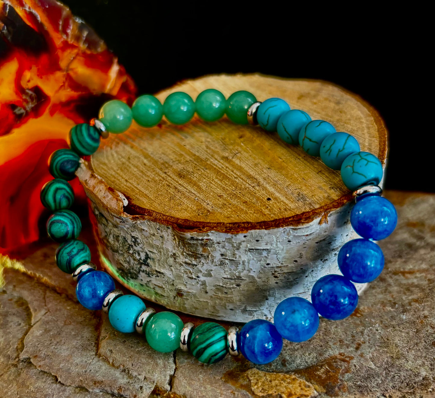 Pulsera Curativa para Aliviar la Ansiedad – Se adapta a muñecas grandes (Malaquita, Aventurina Verde, Turquesa y Aguamarina)