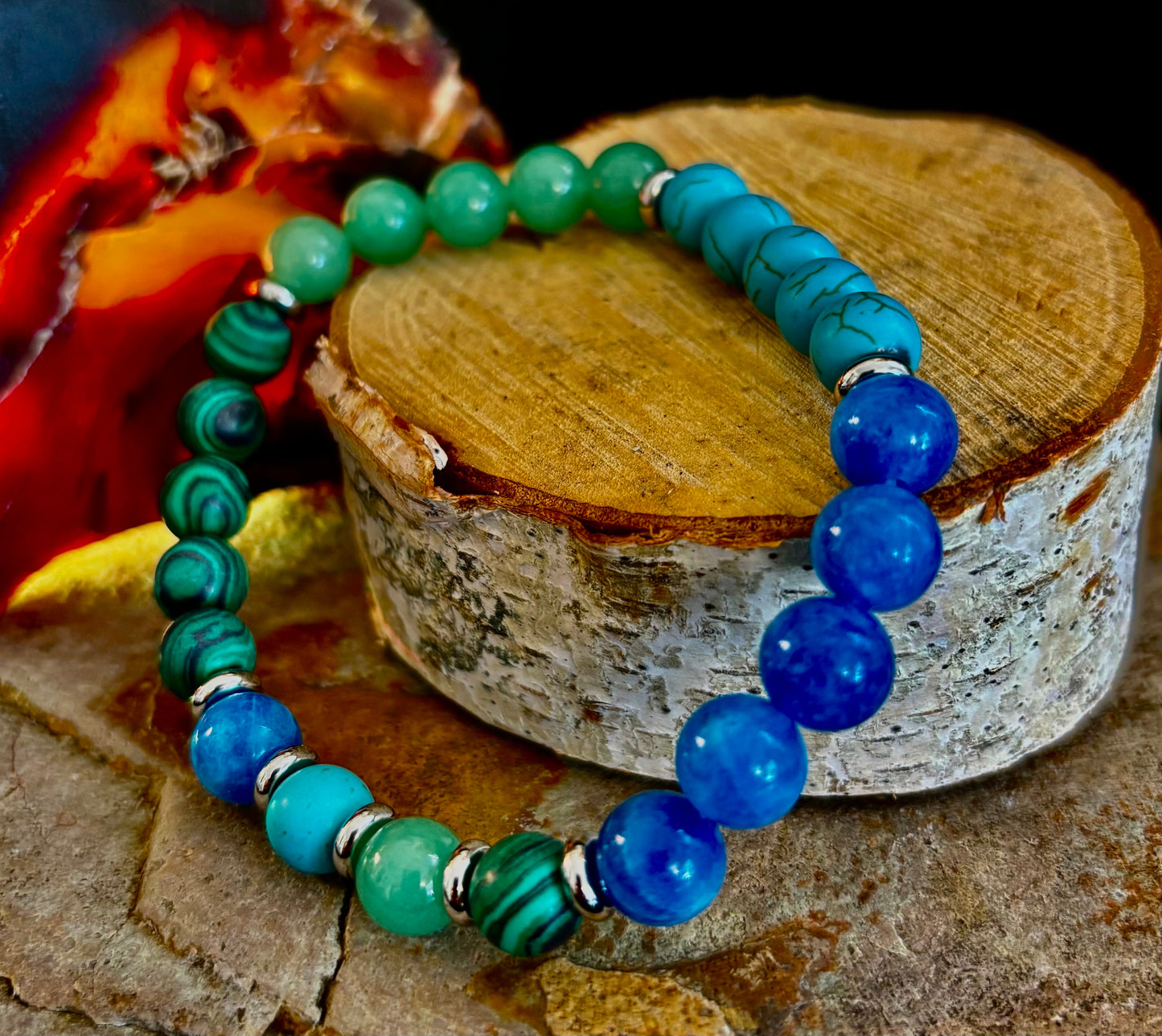 Pulsera Curativa para Aliviar la Ansiedad – Se adapta a muñecas grandes (Malaquita, Aventurina Verde, Turquesa y Aguamarina)