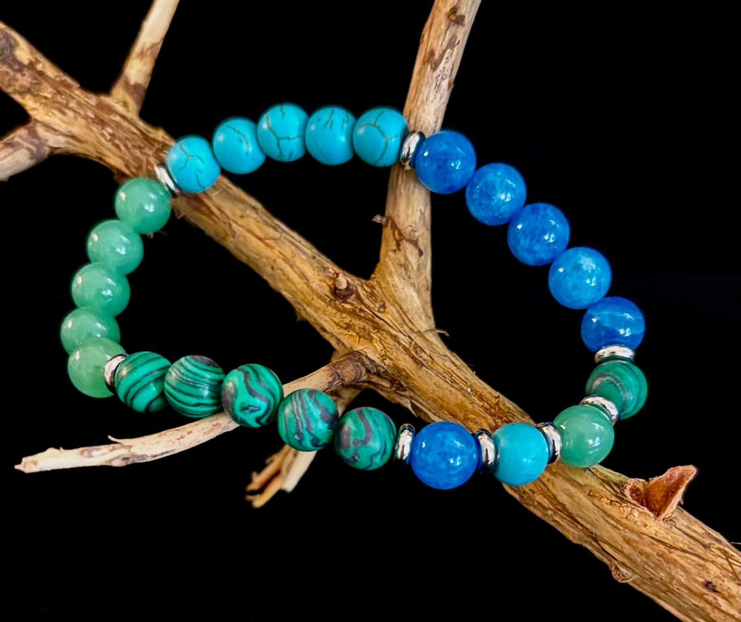 Pulsera Curativa para Aliviar la Ansiedad – Se adapta a muñecas grandes (Malaquita, Aventurina Verde, Turquesa y Aguamarina)