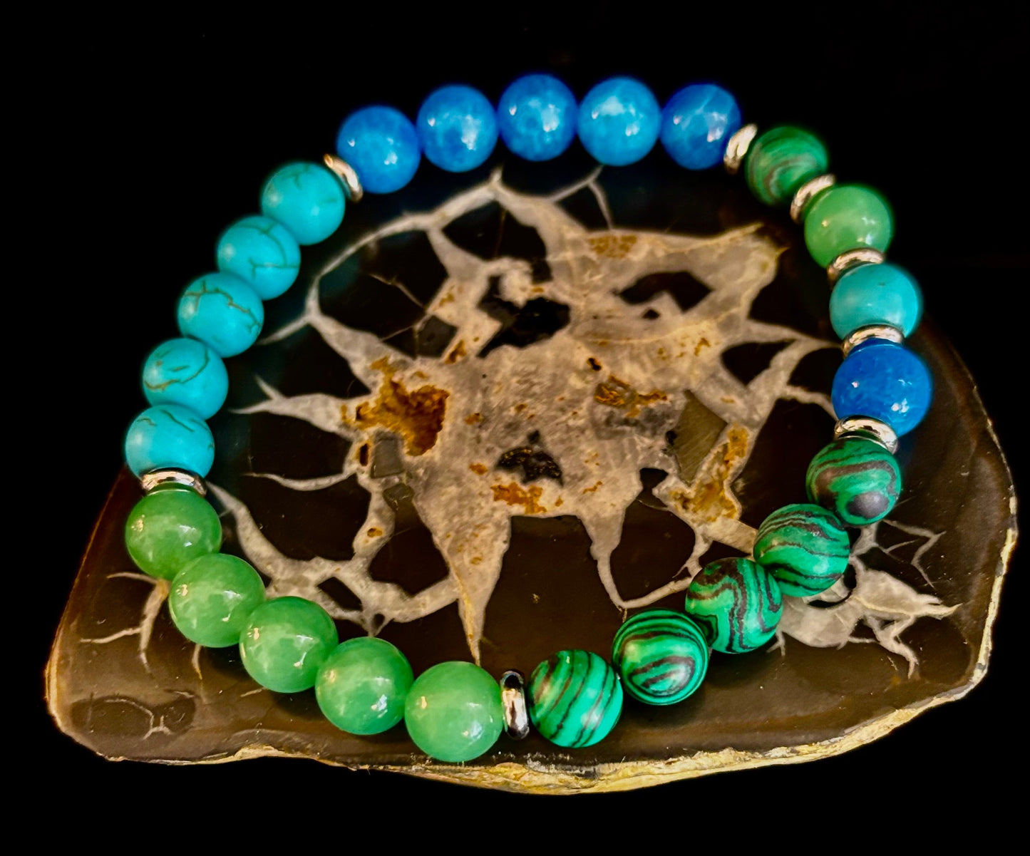 Pulsera Curativa para Aliviar la Ansiedad – Se adapta a muñecas grandes (Malaquita, Aventurina Verde, Turquesa y Aguamarina)