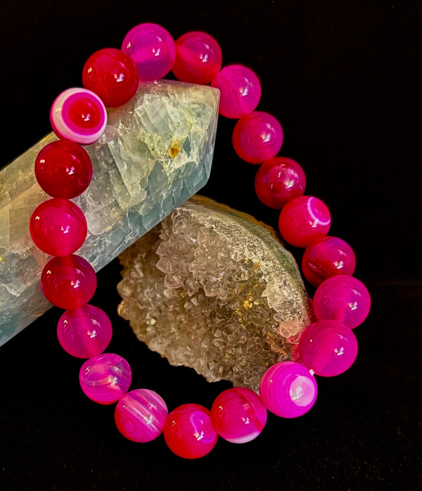 Pulsera de ágata de rayas rojas rosadas – Piedra natural de 10 mm para muñecas grandes