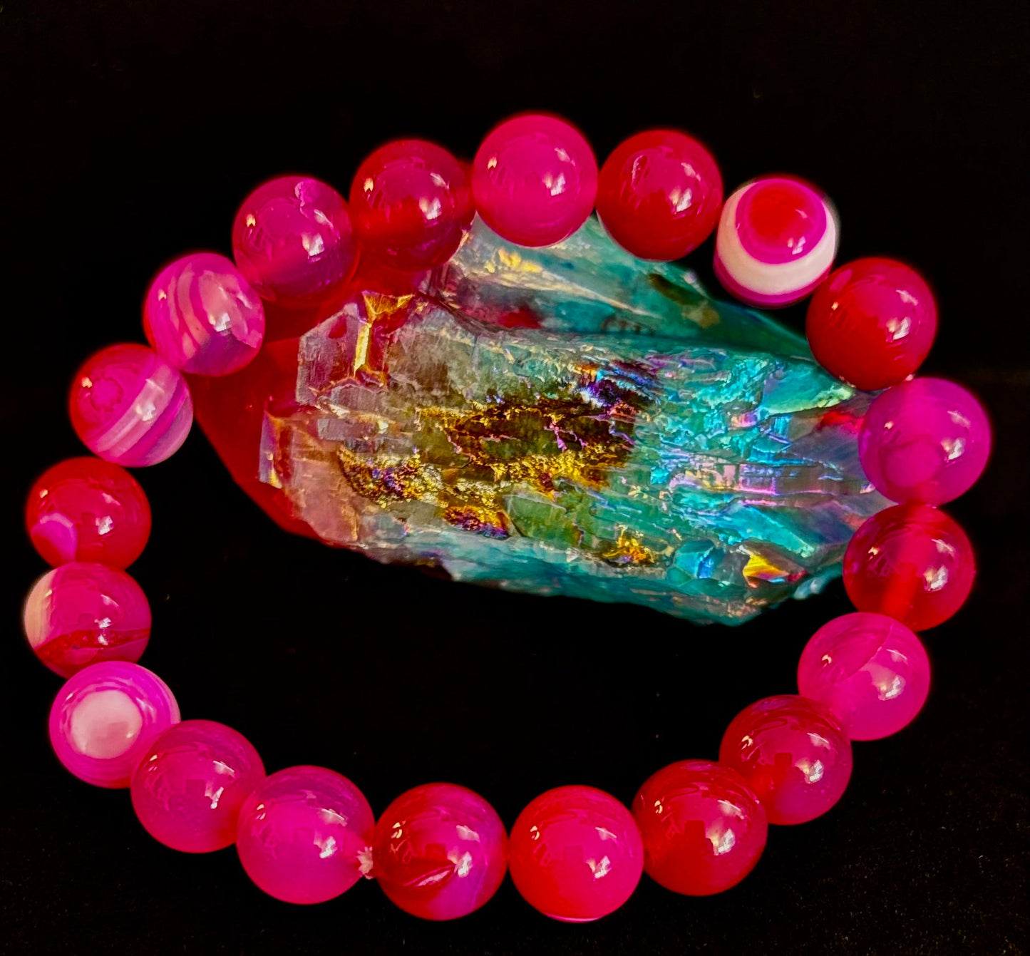 Pulsera de ágata de rayas rojas rosadas – Piedra natural de 10 mm para muñecas grandes
