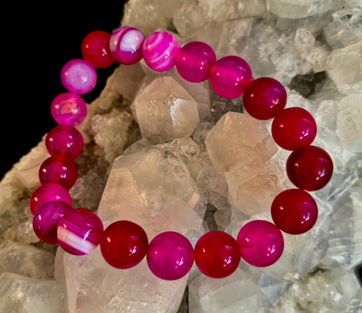 Pulsera de ágata de rayas rojas rosadas – Piedra natural de 10 mm para muñecas grandes