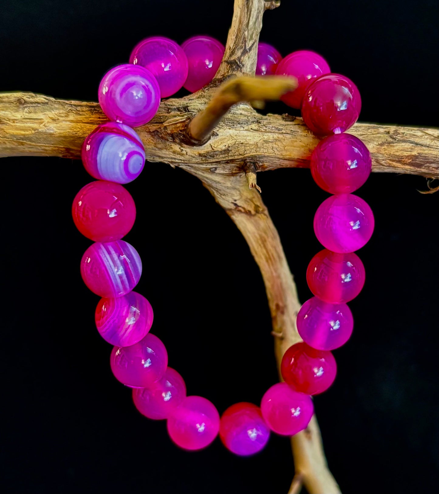 Pulsera de ágata de rayas rojas rosadas – Piedra natural de 10 mm para muñecas grandes