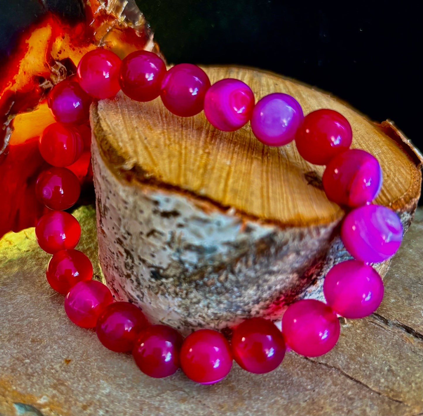 Pulsera de ágata de rayas rojas rosadas – Piedra natural de 10 mm para muñecas grandes