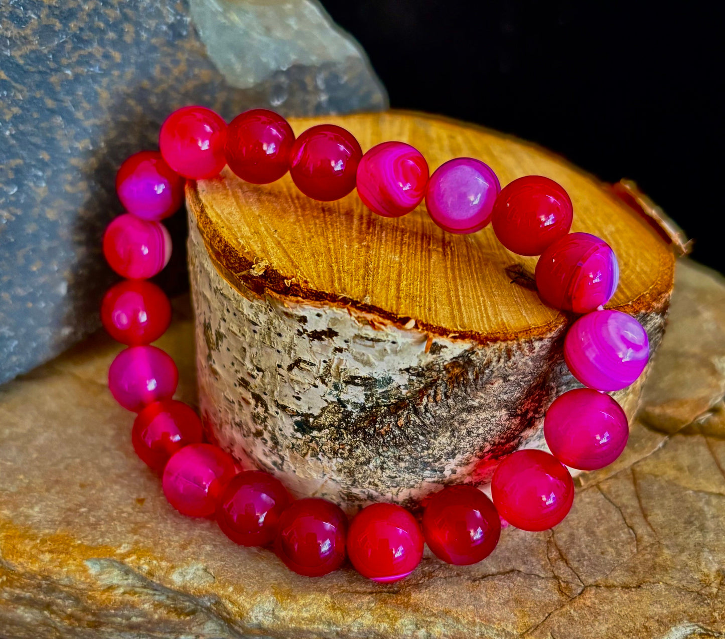 Pulsera de ágata de rayas rojas rosadas – Piedra natural de 10 mm para muñecas grandes