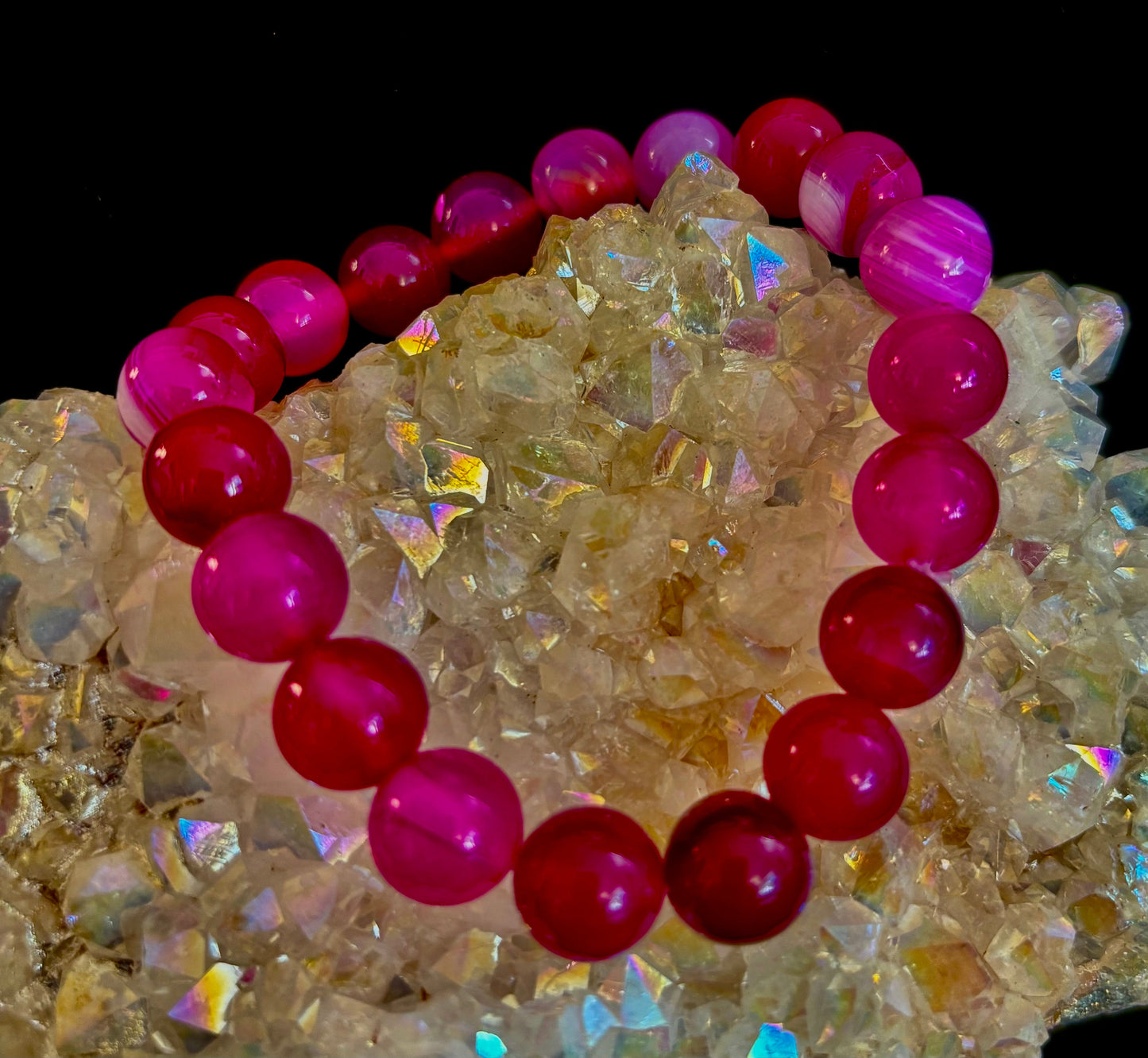 Pulsera de ágata de rayas rojas rosadas – Piedra natural de 10 mm para muñecas grandes
