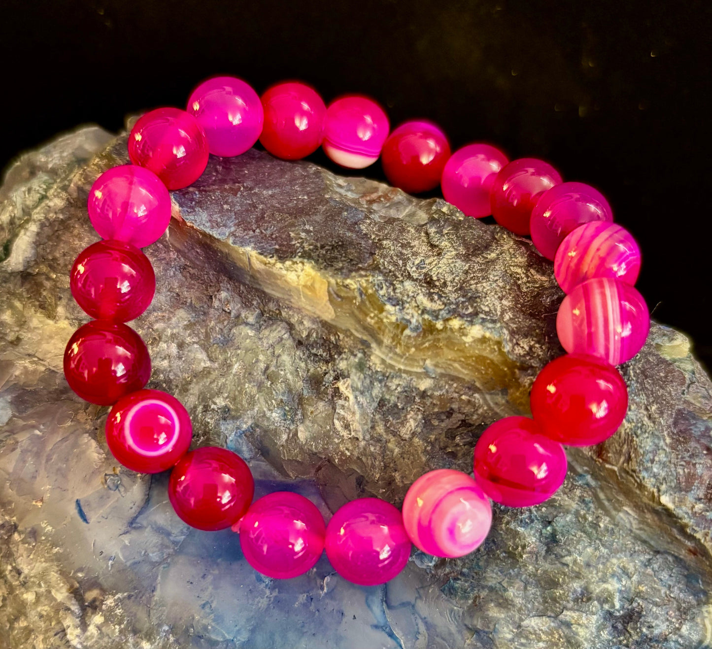 Pulsera de ágata de rayas rojas rosadas – Piedra natural de 10 mm para muñecas grandes