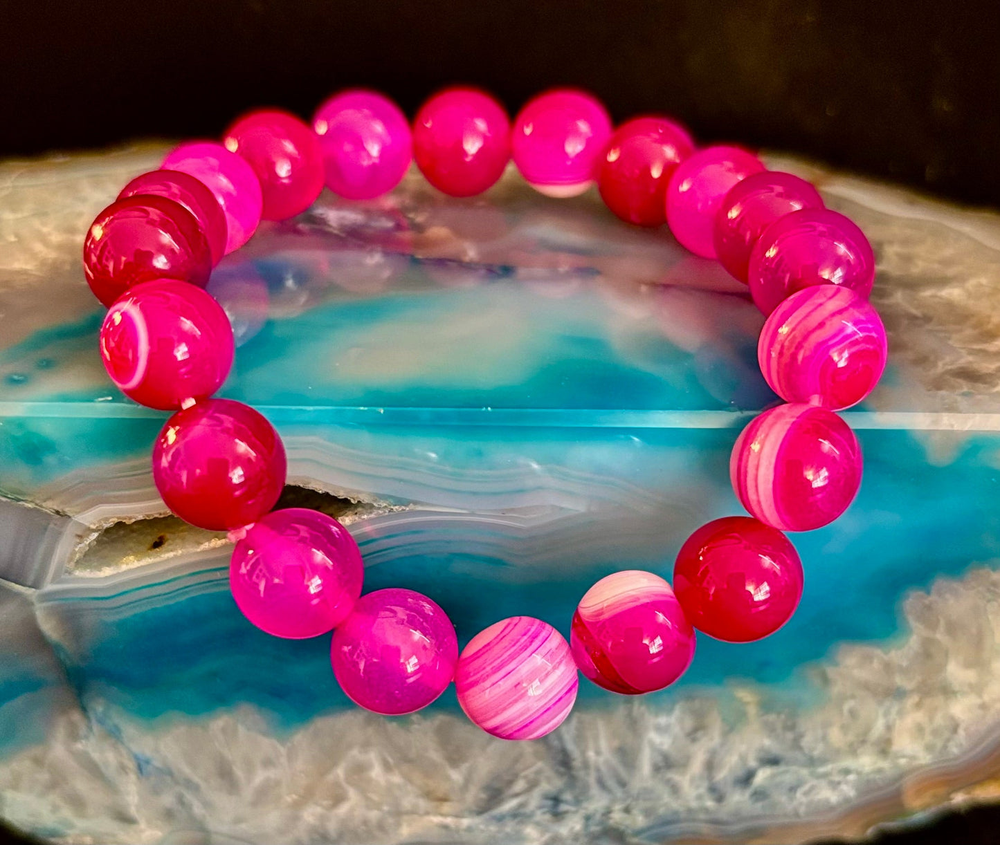 Pulsera de ágata de rayas rojas rosadas – Piedra natural de 10 mm para muñecas grandes