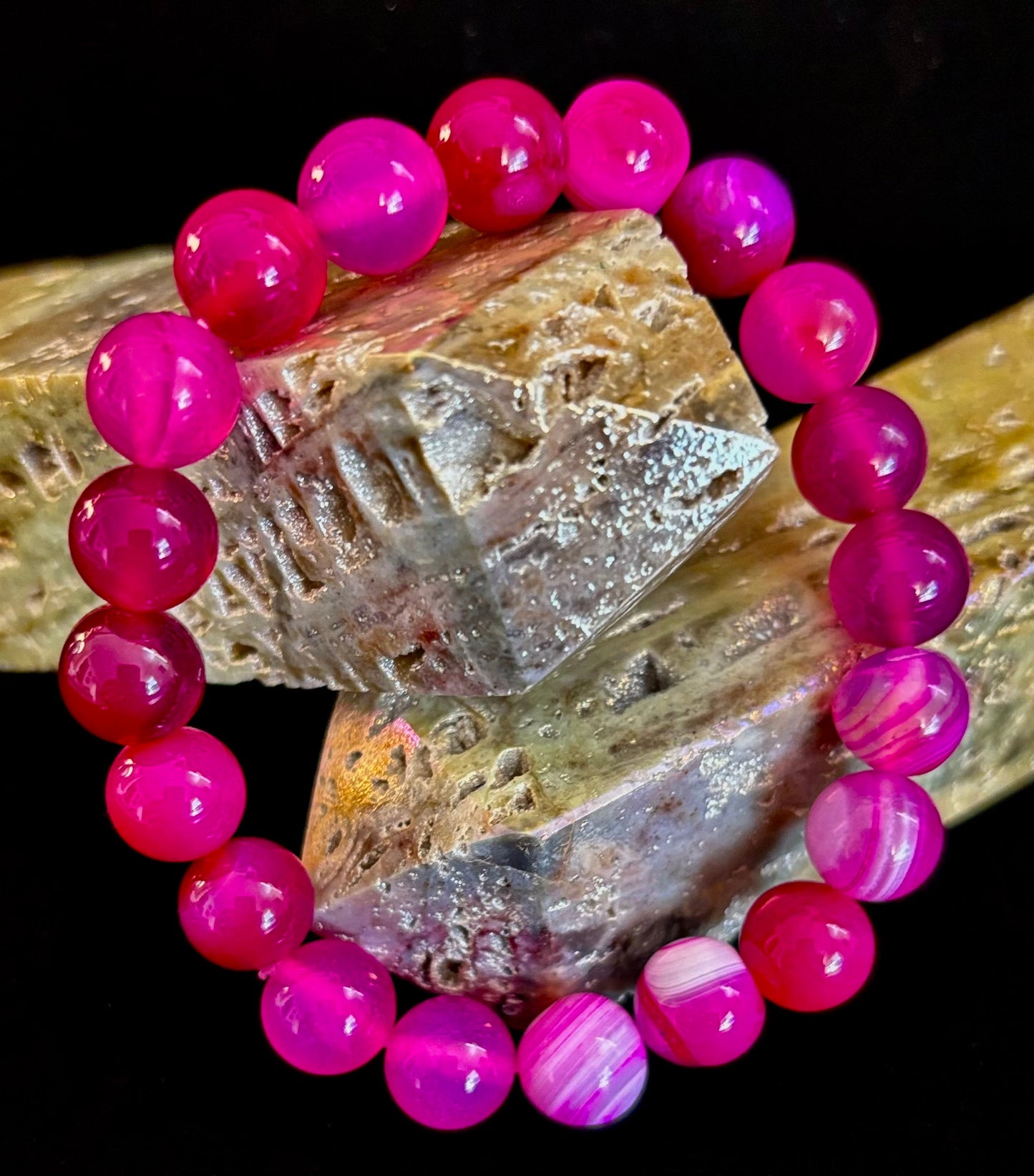 Pulsera de ágata de rayas rojas rosadas – Piedra natural de 10 mm para muñecas grandes