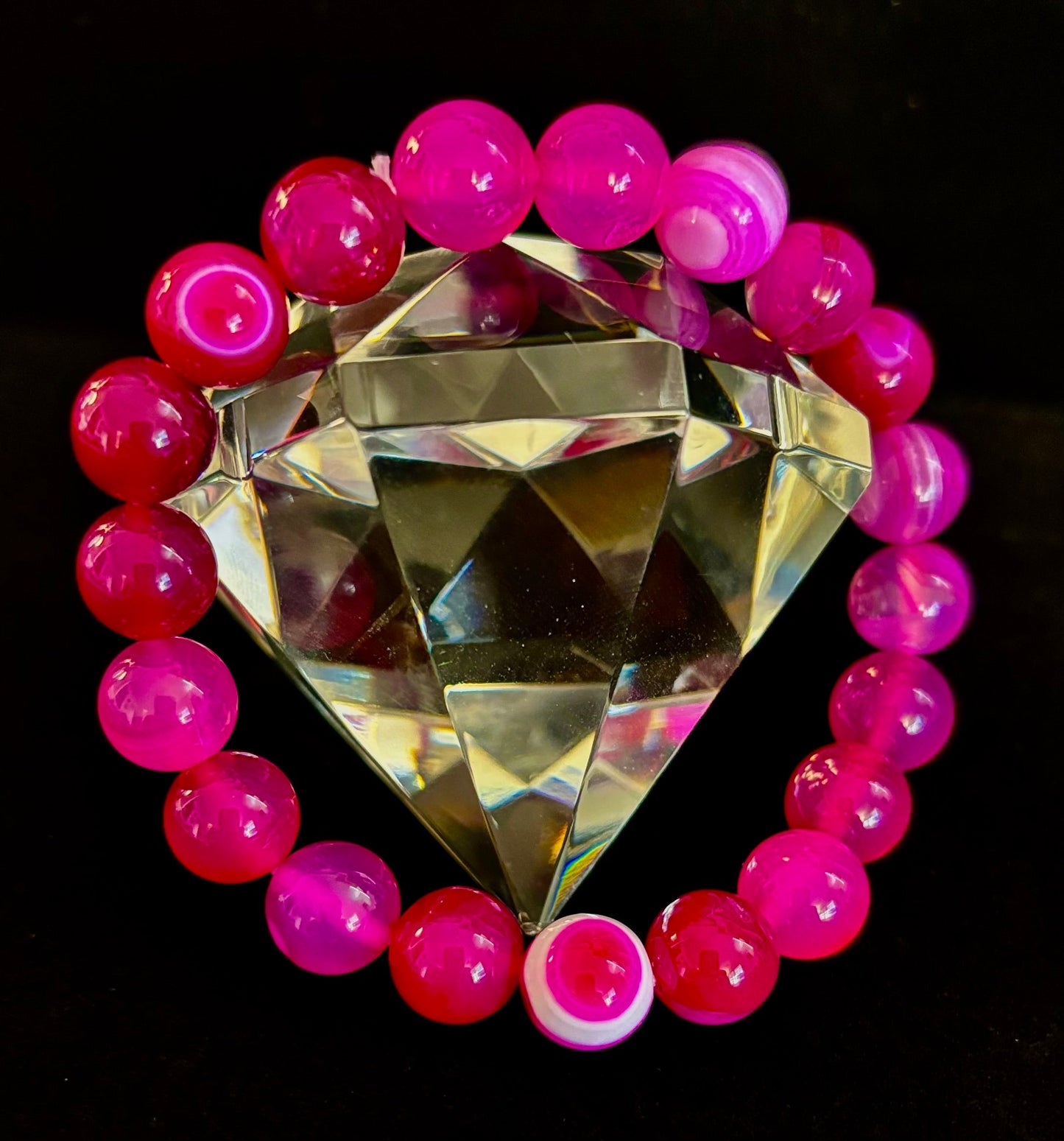 Pulsera de ágata de rayas rojas rosadas – Piedra natural de 10 mm para muñecas grandes