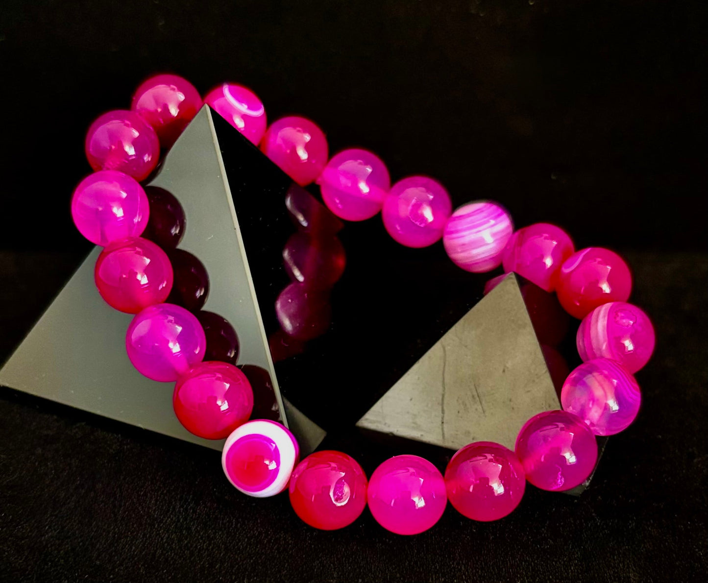 Pulsera de ágata de rayas rojas rosadas – Piedra natural de 10 mm para muñecas grandes
