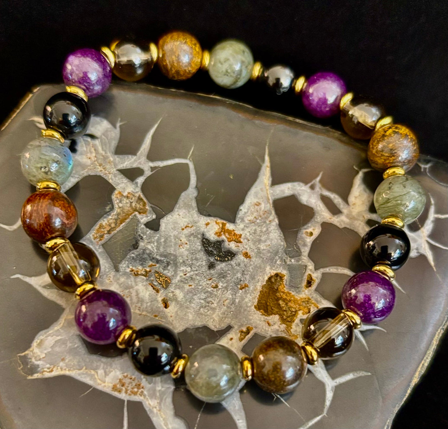 Energía Mística - Pulsera de Protección y Equilibrio con Labradorita, Amatista, Cuarzo Ahumado, Ónix Negro y Ojo de Tigre Infundida con Reiki