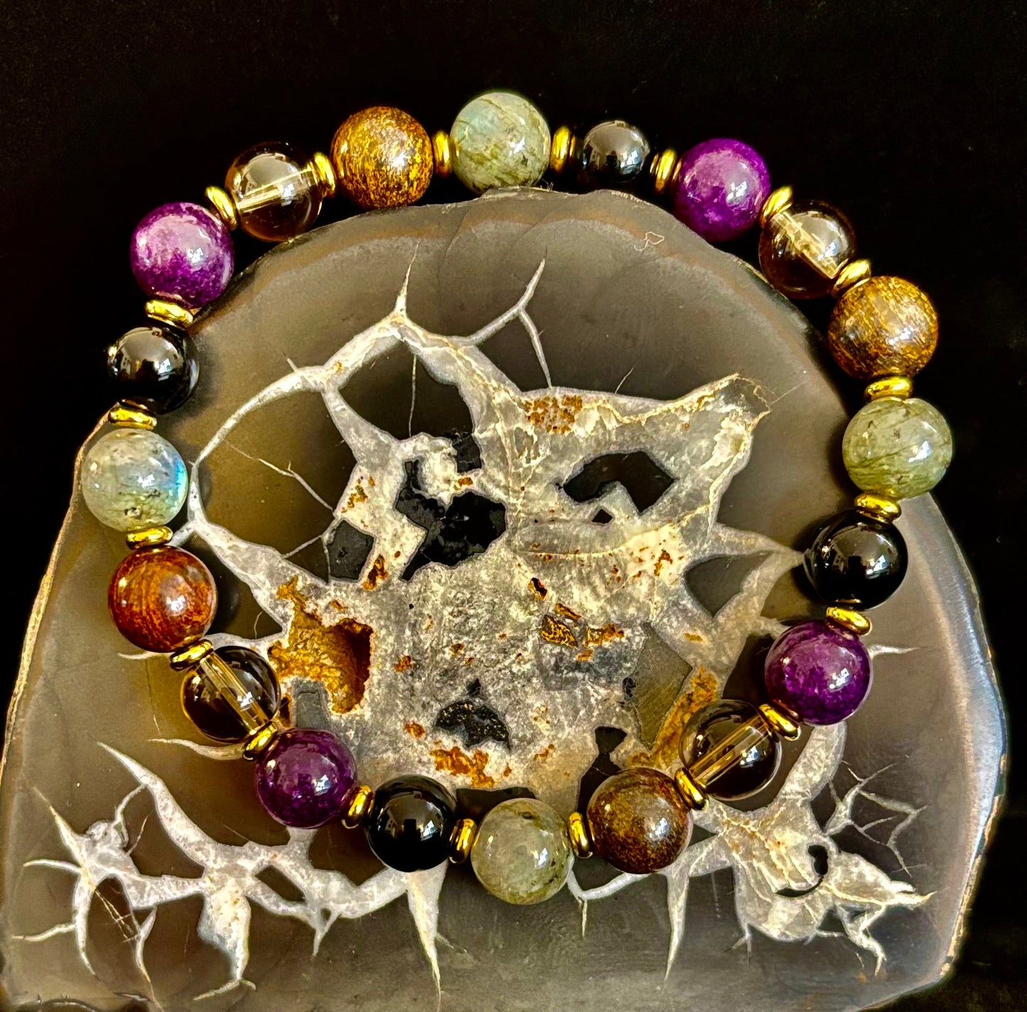 Energía Mística - Pulsera de Protección y Equilibrio con Labradorita, Amatista, Cuarzo Ahumado, Ónix Negro y Ojo de Tigre Infundida con Reiki
