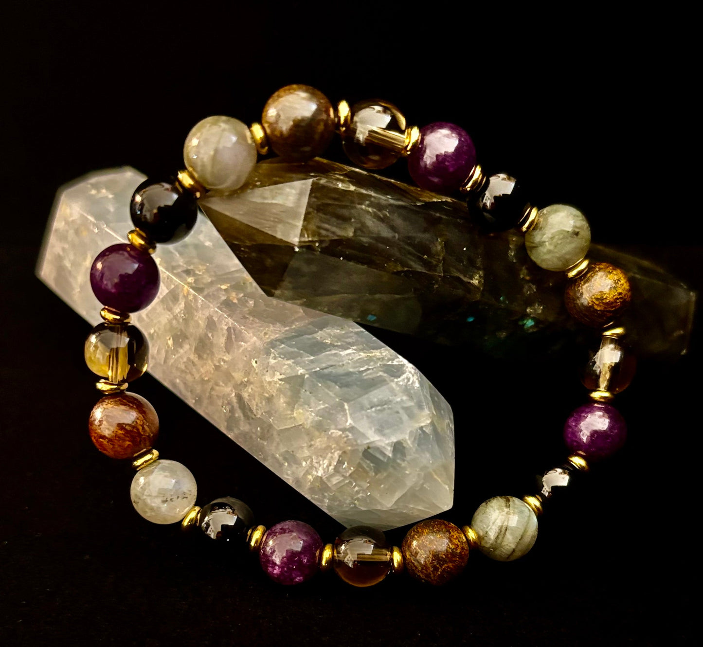 Energía Mística - Pulsera de Protección y Equilibrio con Labradorita, Amatista, Cuarzo Ahumado, Ónix Negro y Ojo de Tigre Infundida con Reiki
